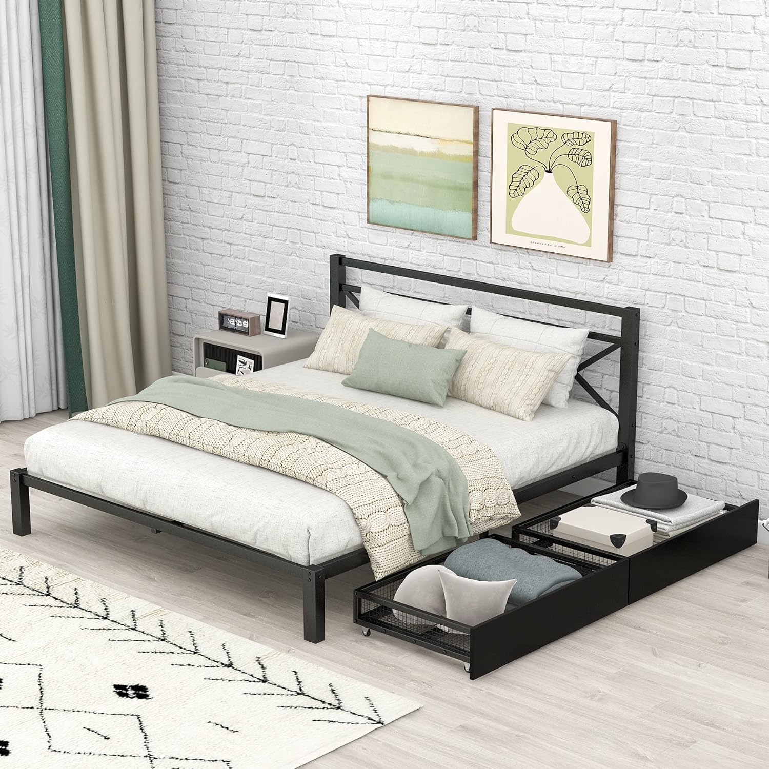 Queen Bed With 2 Drawers, Metal Platform Heavy Duty Beds Frames With Storage, Noise-Free, No Box Spring Needed/Easy Assembly (Queen Size, Black)