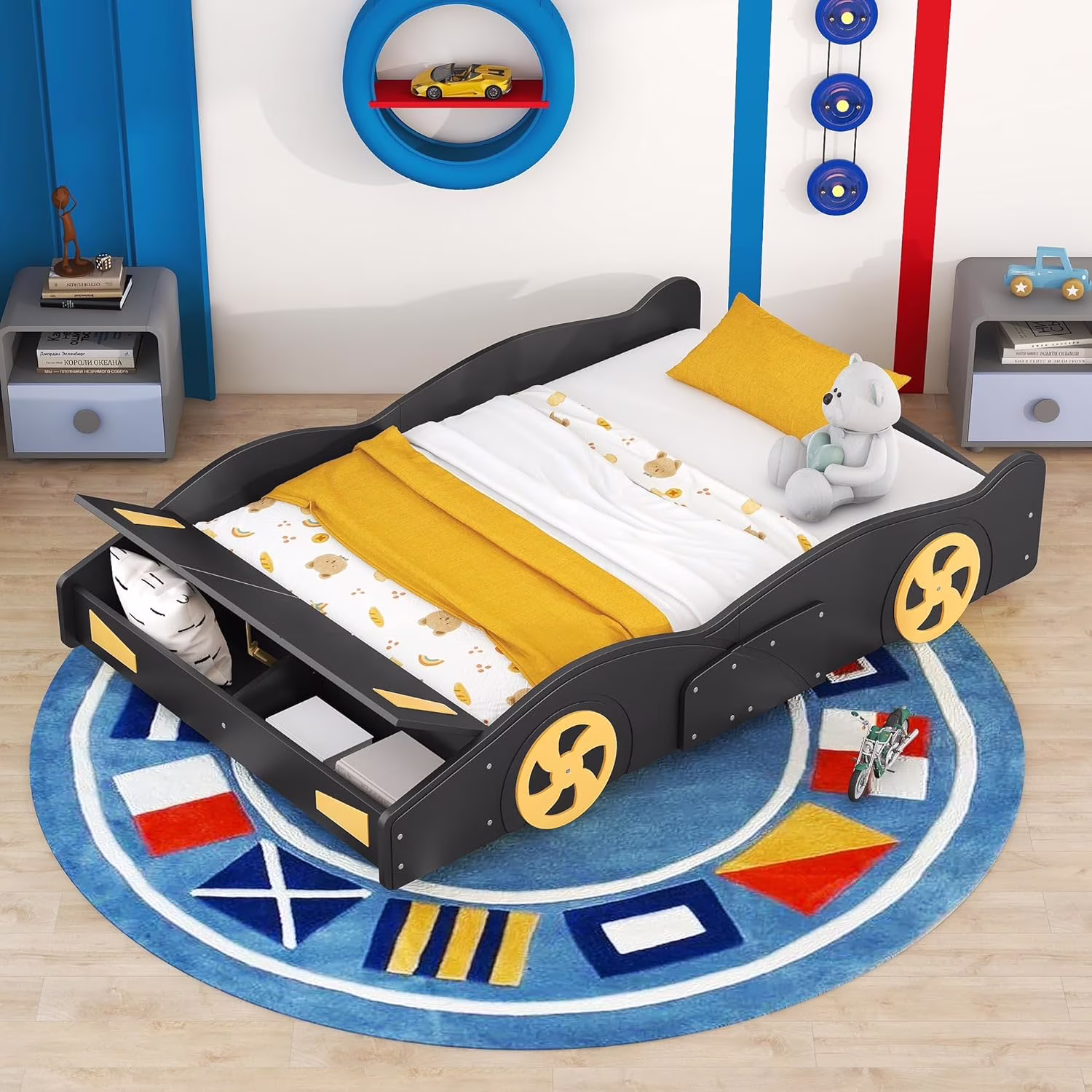Full Size Race Car-Shaped Platform Bed With Storage Ad Decorative Wheels, Solid Wood Full Bed Frame o Box Sprig Required, Black+Yellow