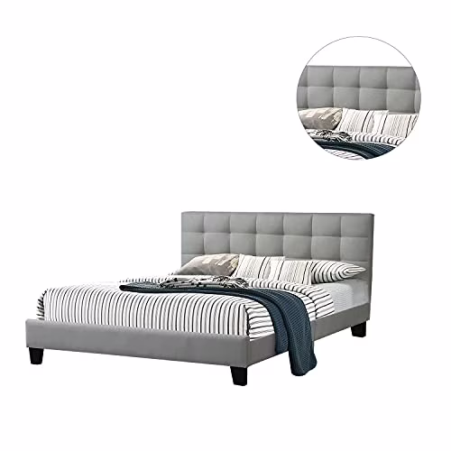 Poundex Gray Fabric Queen Size Platform Bed Frame
