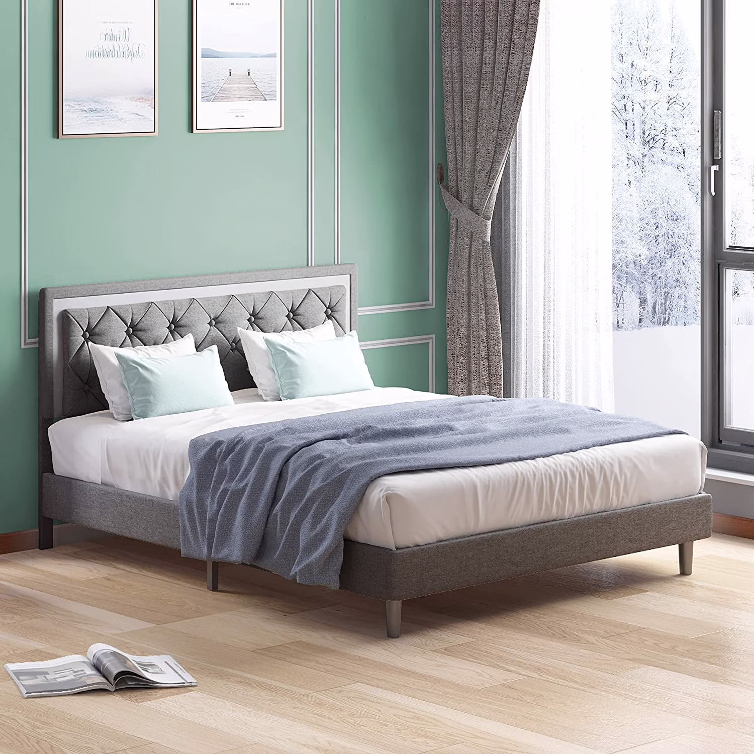 Mjkone King Size Bed Frames with Headboard, Upholstered Bed Frame with Wooden Slat Support, Platform Bed Frame, No Box Spring Needed/Easy Assembly/No Mattress (Dark Grey)