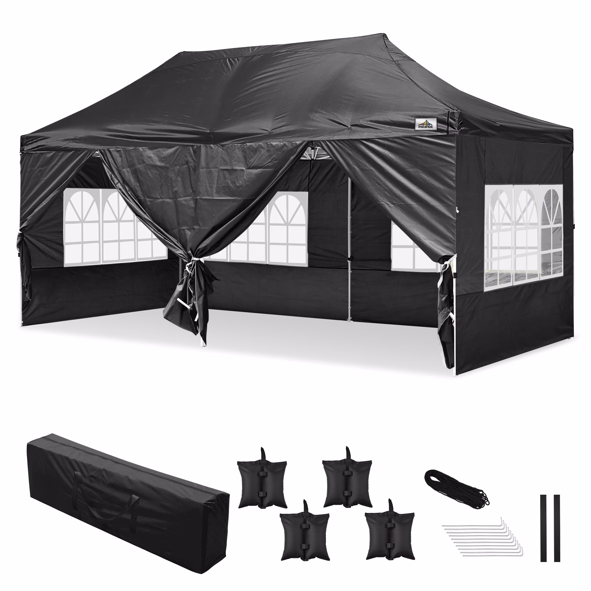 InstaHibit 10x20' Easy Pop Up Canopy 420D Folding Tent Wedding Party Outdoor w/ Removable Sidewall Black
