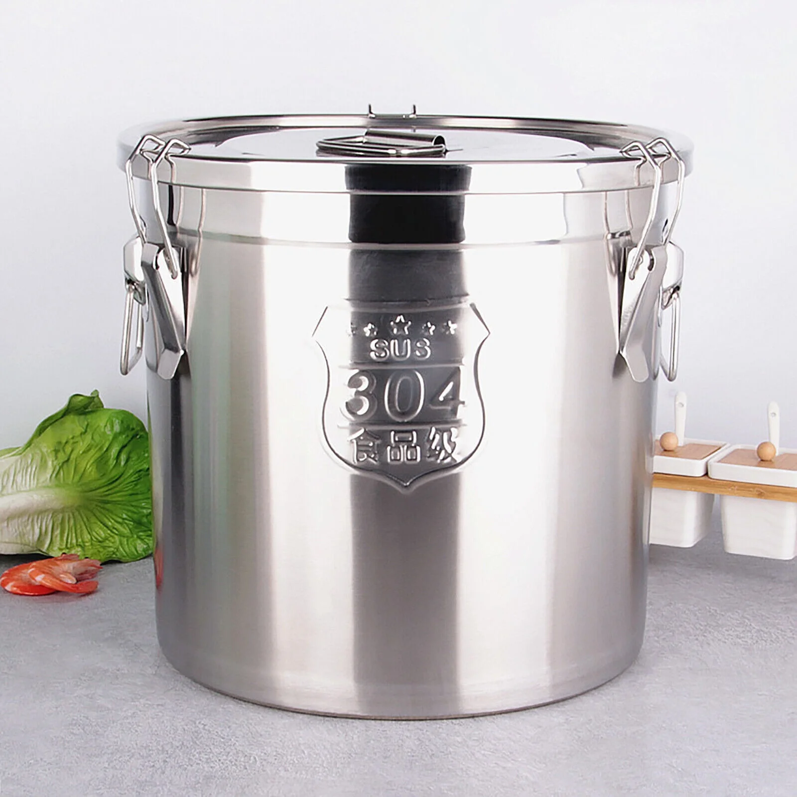 Oukaning Stainless Steel 6L Food Barrel Bucket Food Storage Container with Lid (Silver)