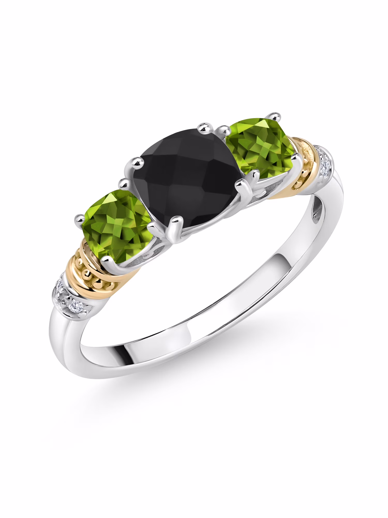 Gem Stone King 925 Silver and 10K Yellow Gold Black Onyx and Green Peridot and Diamond 3-Stone Ring For Women (1.60 Cttw, Gemstone December Birthstone, Cushion Checkerboard 6MM and 4MM, Size 8)