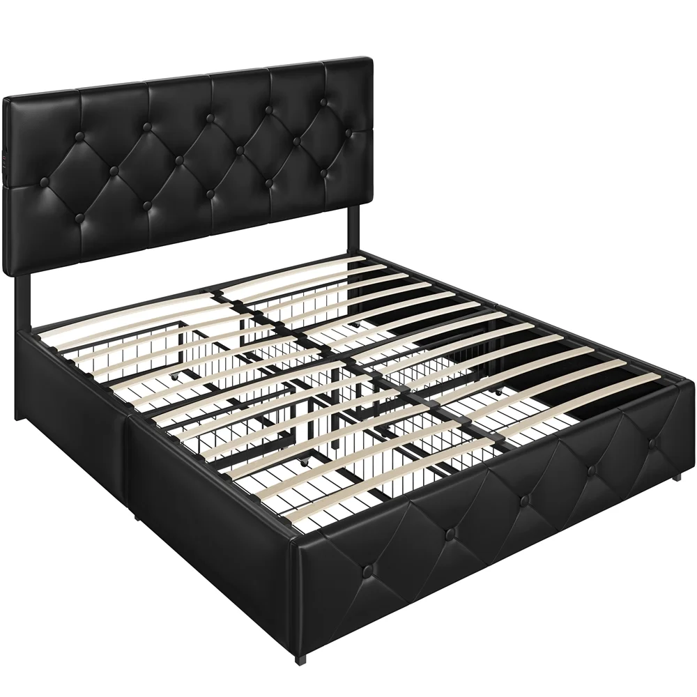 Easyfashion Upholstered Queen Bed with 4 Storage Drawers and USB Ports, Queen, Black