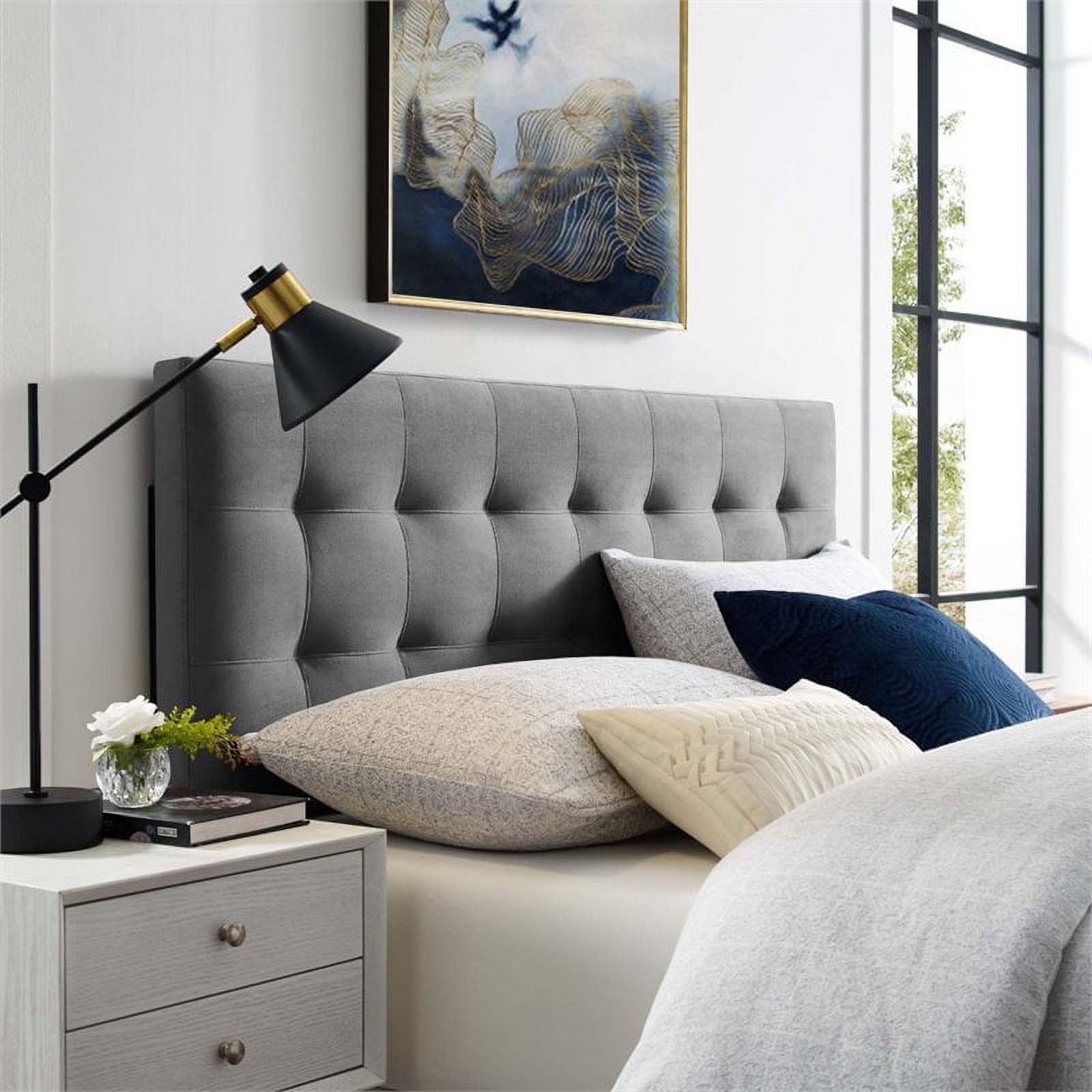 Pemberly Row Modern Fabric Biscuit Tufted Velvet King Headboard in Gray