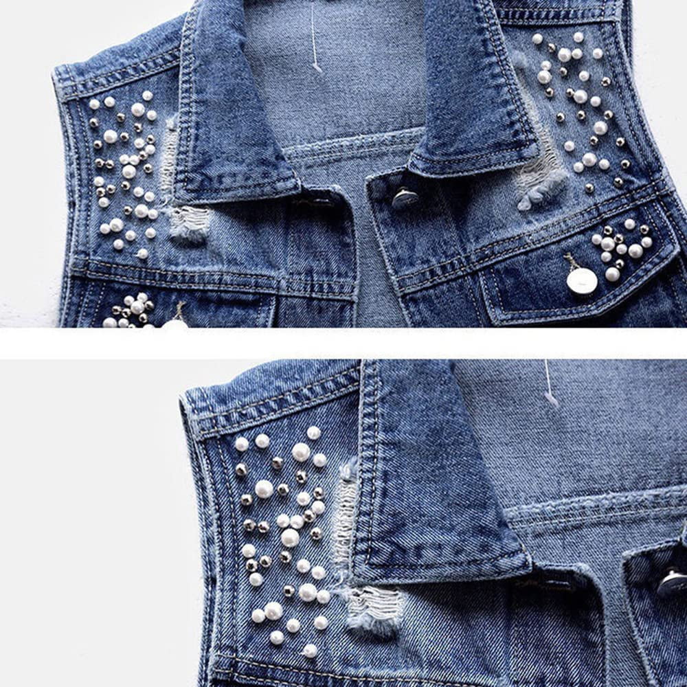 YM YOUMU Womens Beading Pearls Sleeveless Denim Vest Jean Jacket Coat