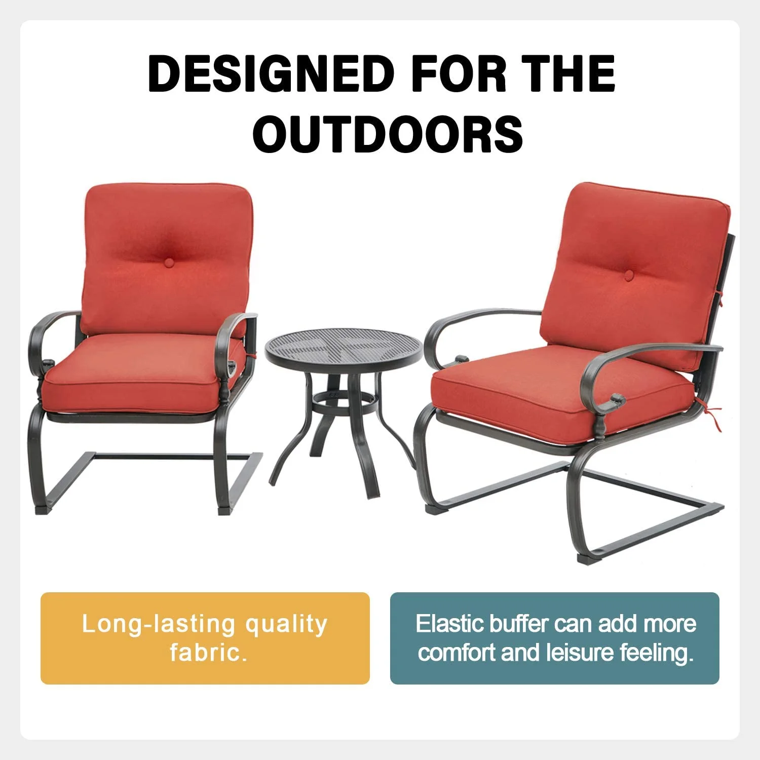 SUNCROWN 3-Piece Patio Furniture Outdoor Bistro Set Spring Metal Lounge Cushioned Chairs and Round Cafe Table, Red