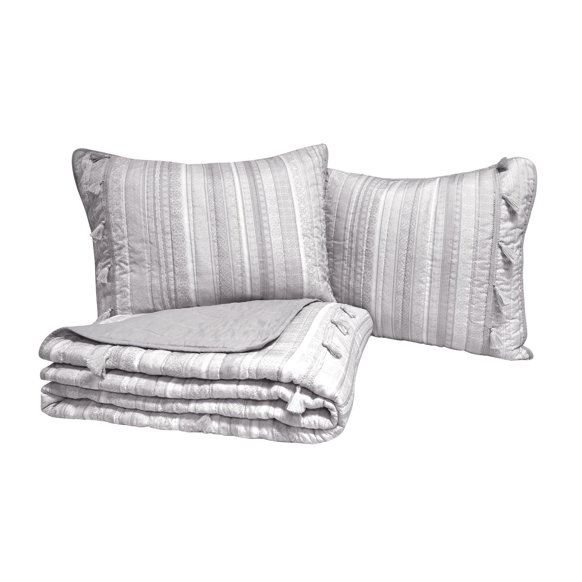 Boho Ribbon Grey 3-Piece Microfiber Quilt Set with Tassels - Full/Queen
