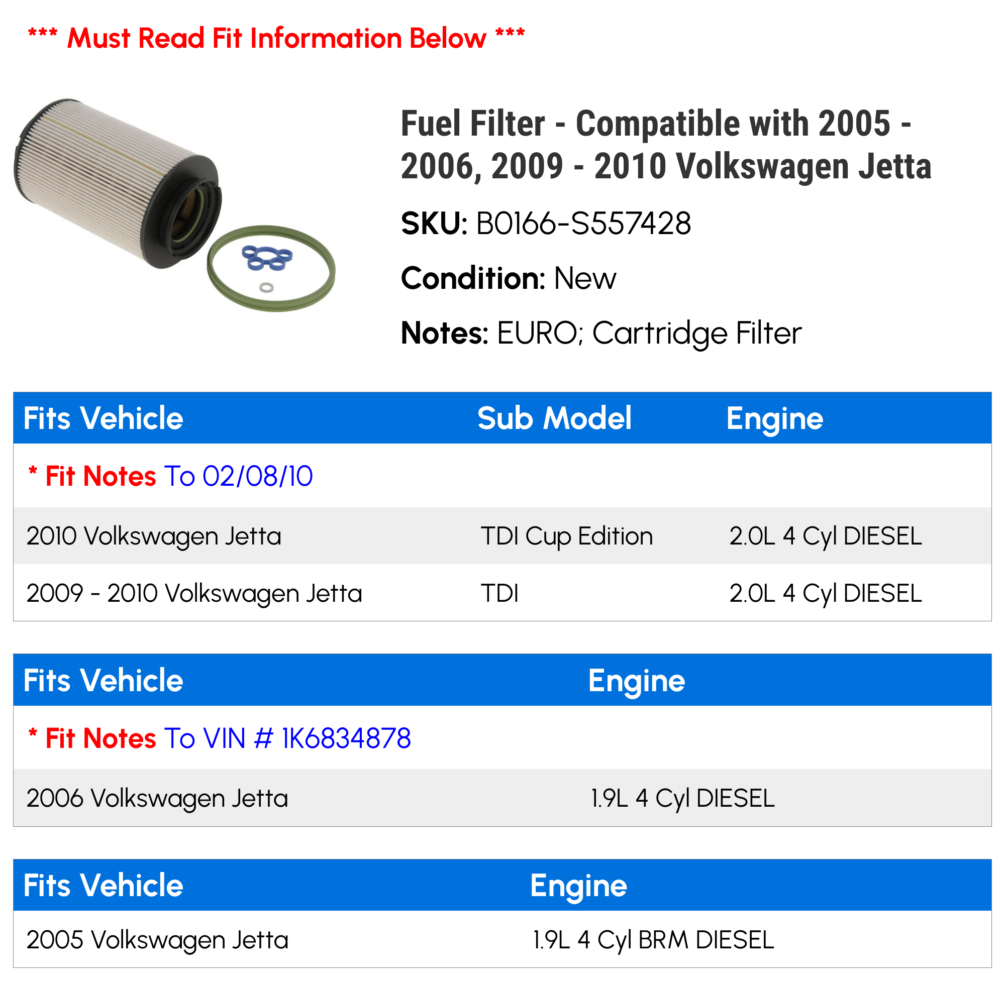 Fuel Filter - Compatible with 2005 - 2006, 2009 - 2010 Volkswagen Jetta