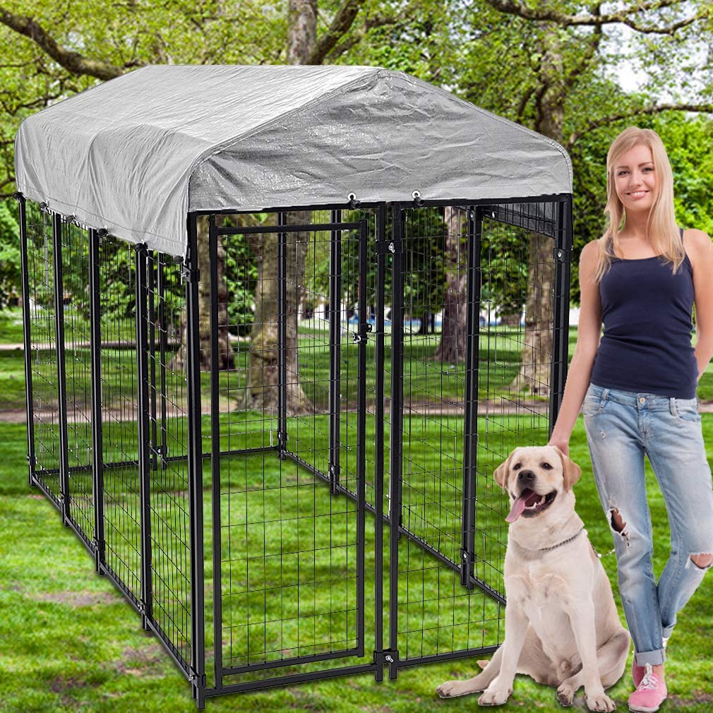 Dog Kennel, Crate Cage, Extra Large Welded Wire Pet Playpen with UV Protection Waterproof Cover and Roof Outdoor Heavy Duty Galvanized Metal Animal Enclosure for Outside