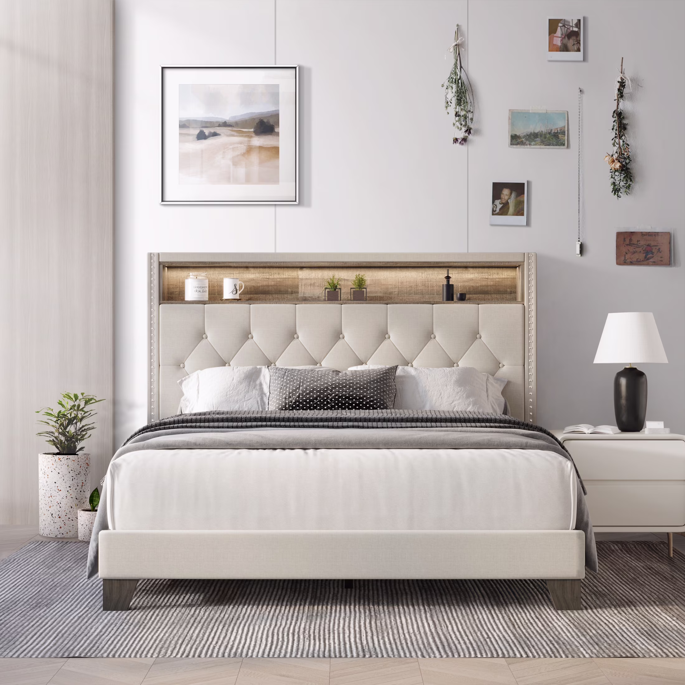 Castle Place LED Light Nailhead Trim Linen Upholstered Bookcase Bed, Warm Grey, Queen