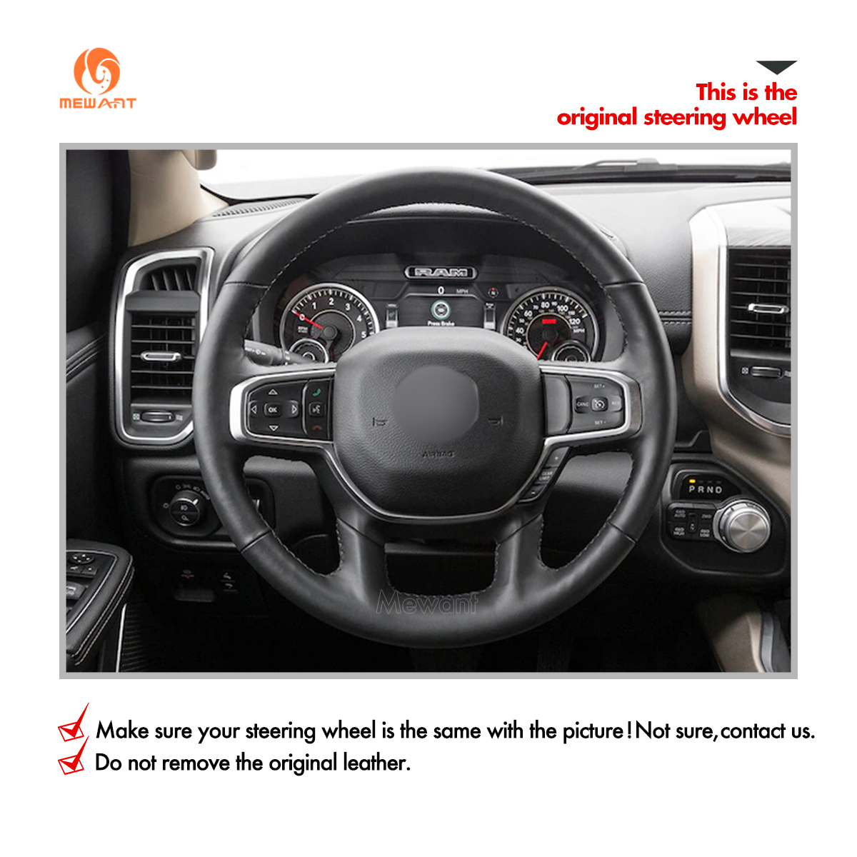 MEWANT Hand Stitch Leather Car Steering Wheel Cover for Dodge RAM 1500 2019-2023