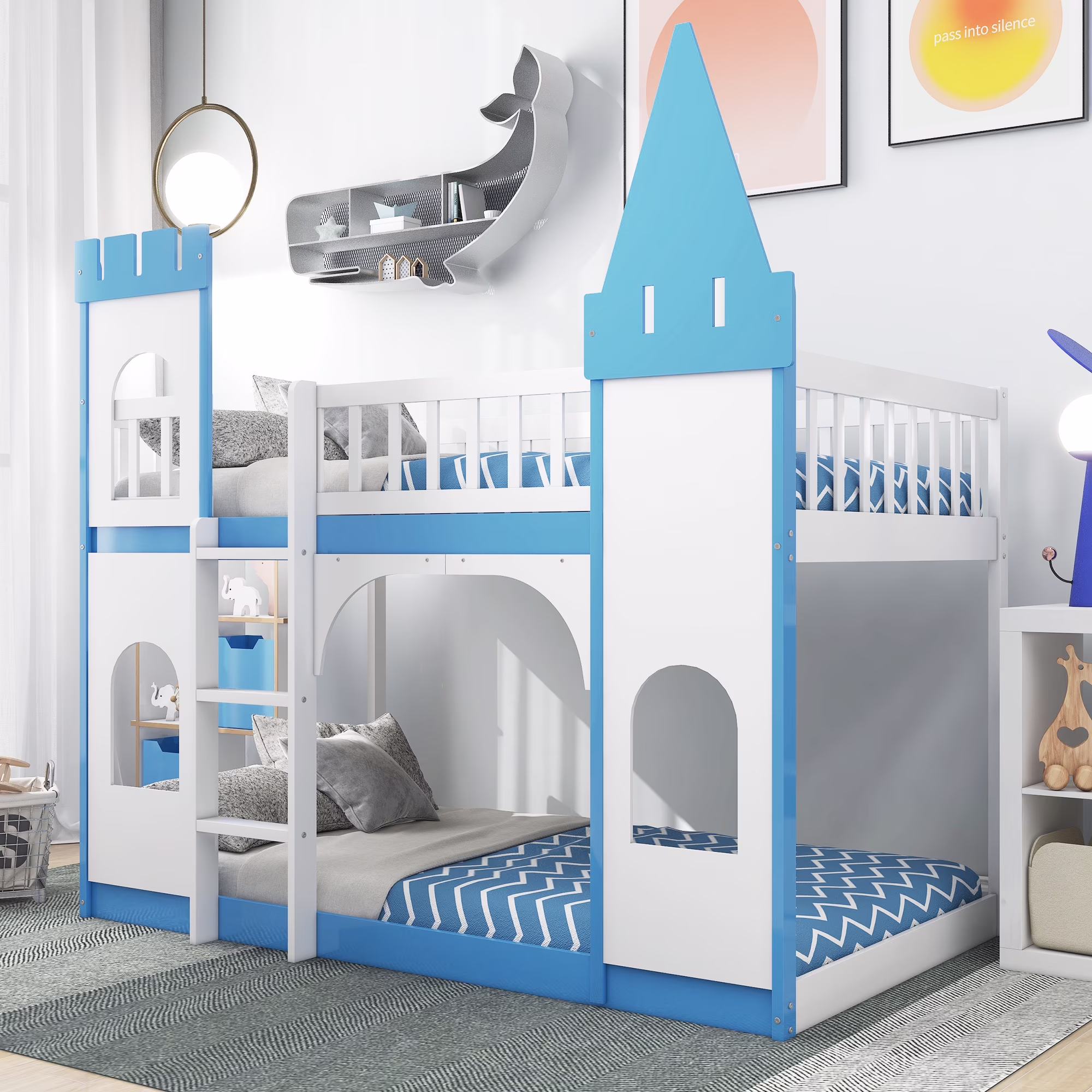 Adrinfly Twin Over Twin Castle Bunk Bed with Ladder - Blue