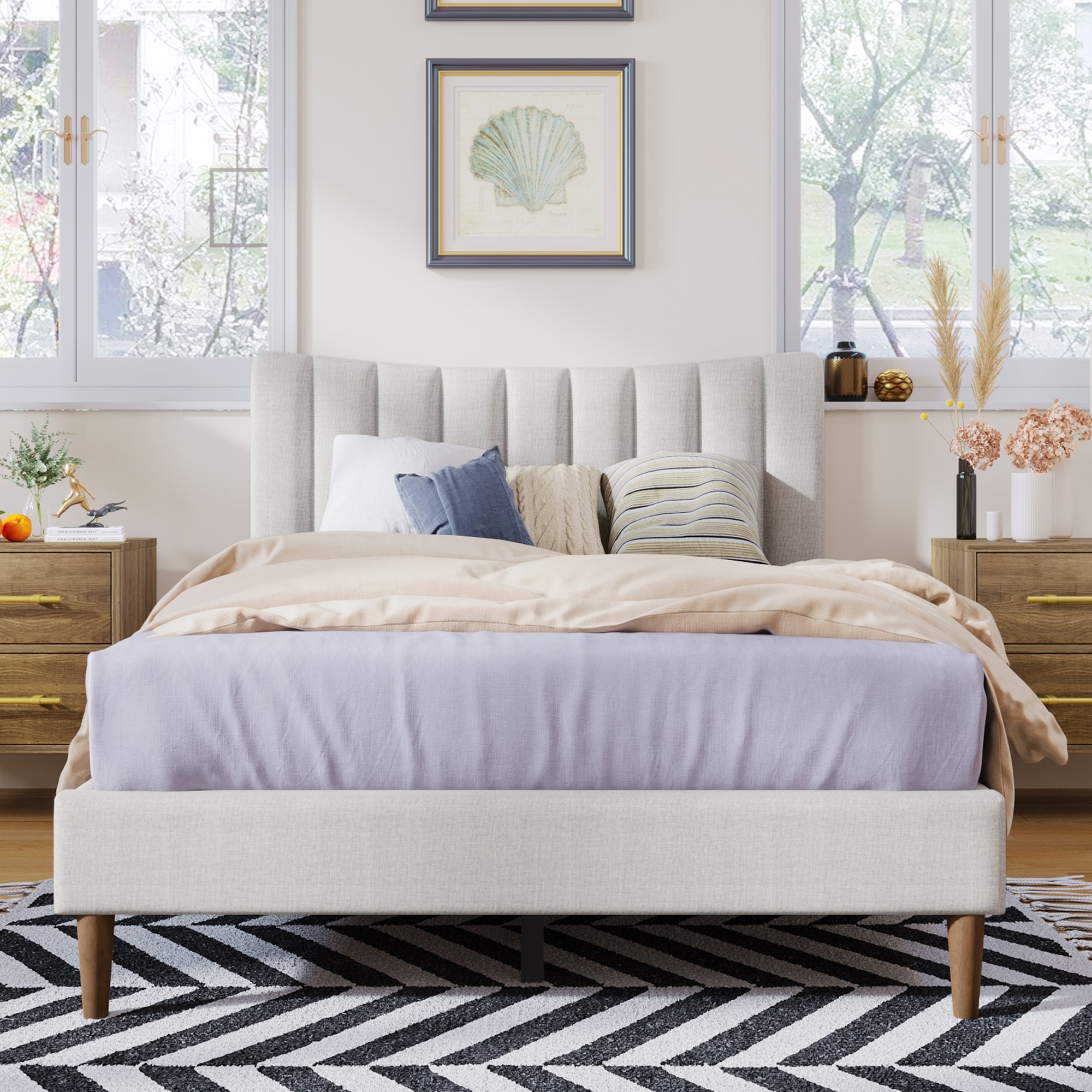 Home Adores, Inc. Debbie Upholstered Platform Bed Cream 79.5L x 58.7W x 45.7H