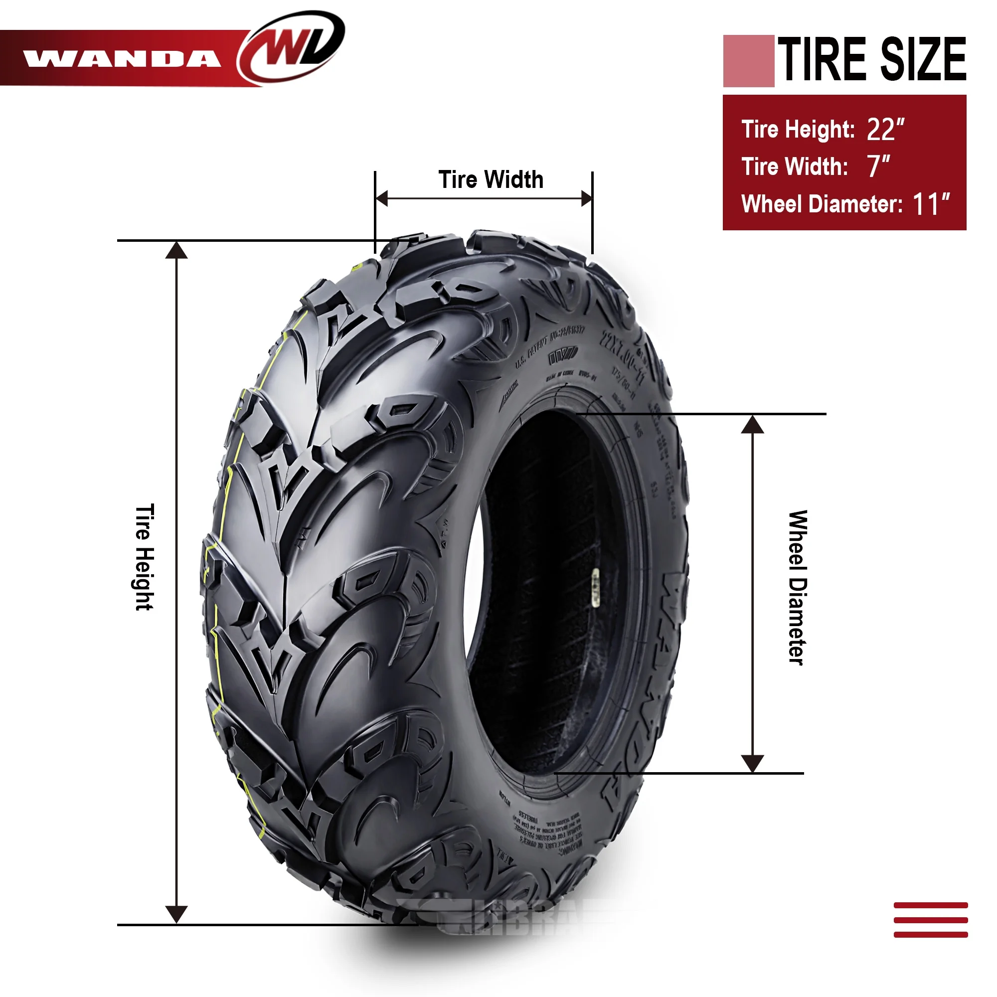 WANDA Performance 8 Ply ATV Tires 22x7-11 Mud Sling fit Honda Recon Suzuki Ozark 250, Set 2