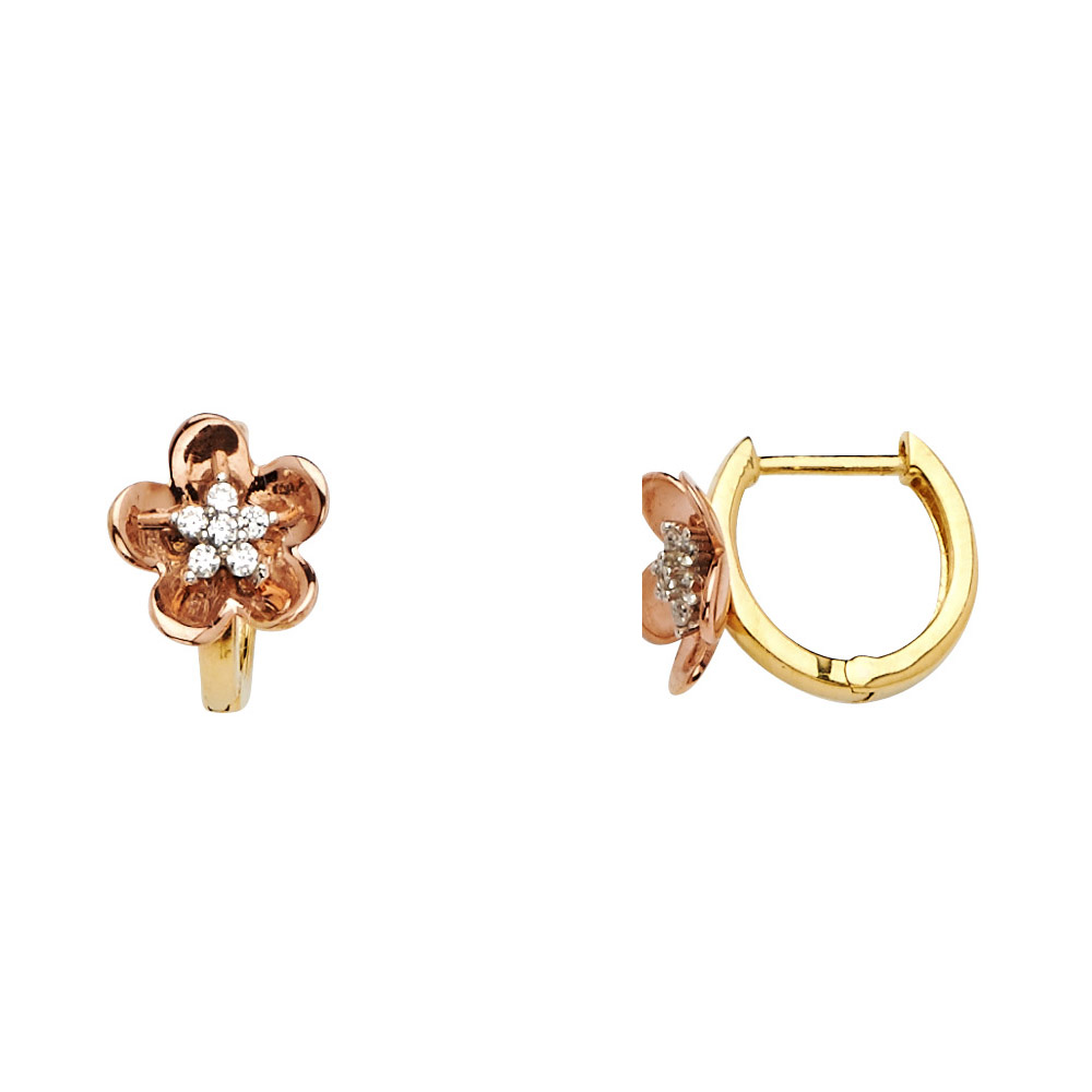 Solid 14k Yellow Rose Gold CZ Flower Huggie Earrings Huggies Hoop Round Diamond Cut Fancy Small 13 mm