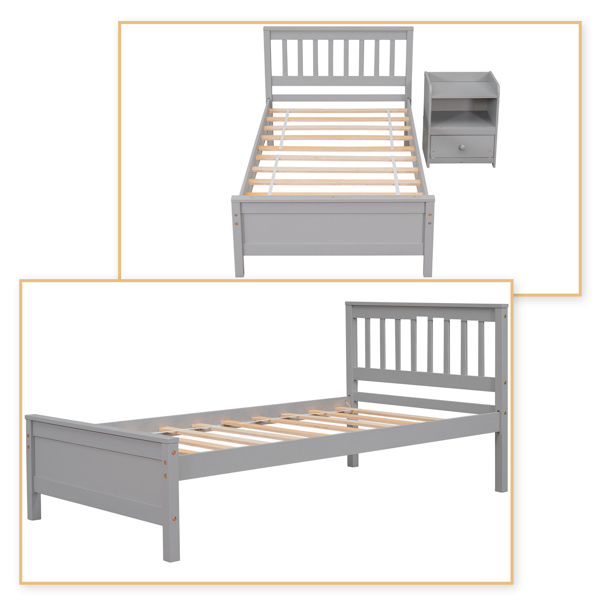 Classic Modern Style Twin Size Sturdy Wood Platform Bed with A Nightstand, Grey