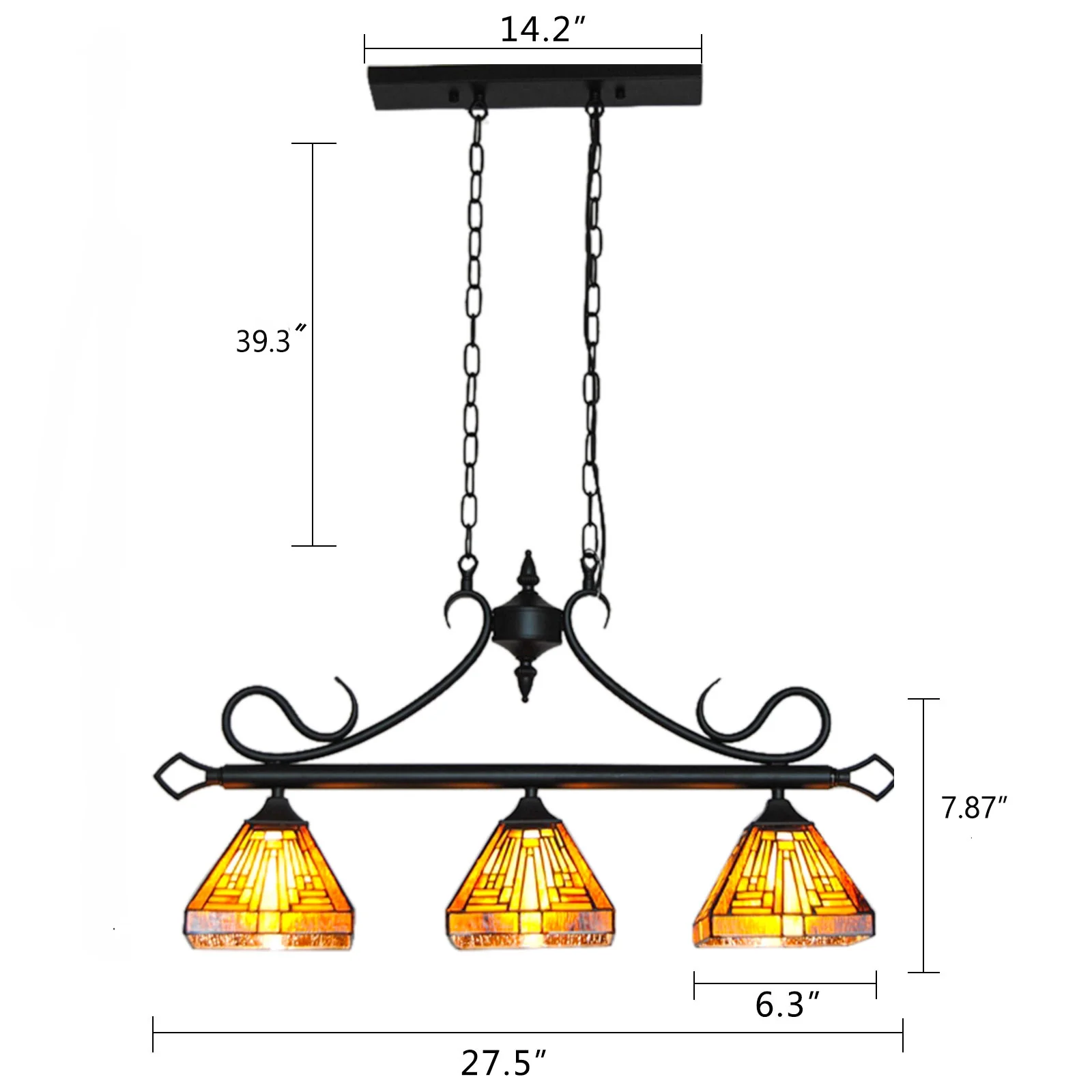 Miumaeov Tiffany Pendant Light 3-Light Vintage Stained Glass Chandelier Mission Style Pool Table Light for Dining Room Kitchen Island E26 Base