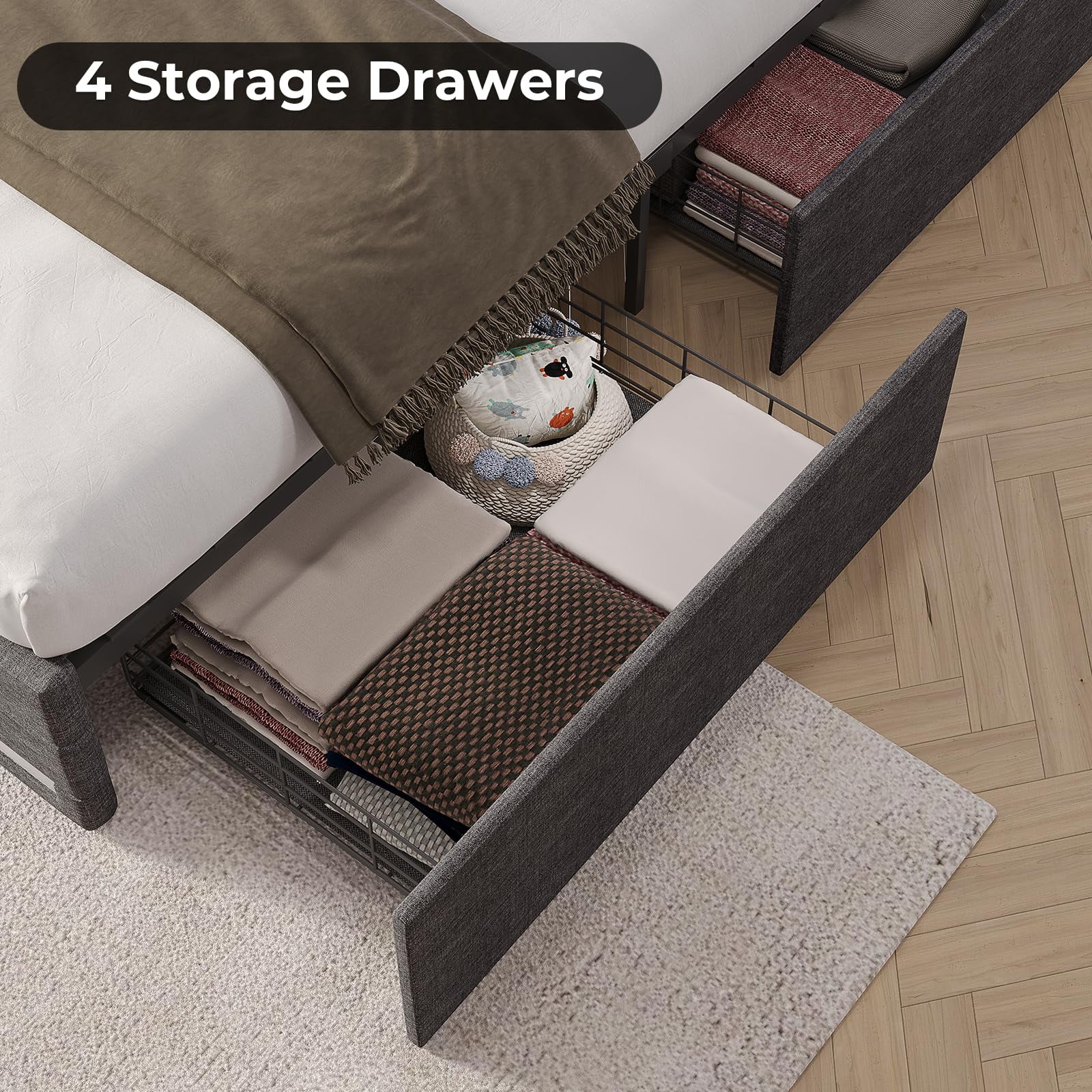 ADORNEVE King Size Upholstered Platform Bed Frame with LED Lights, Modern Bed with Drawers and Power Outlets, Dark Grey