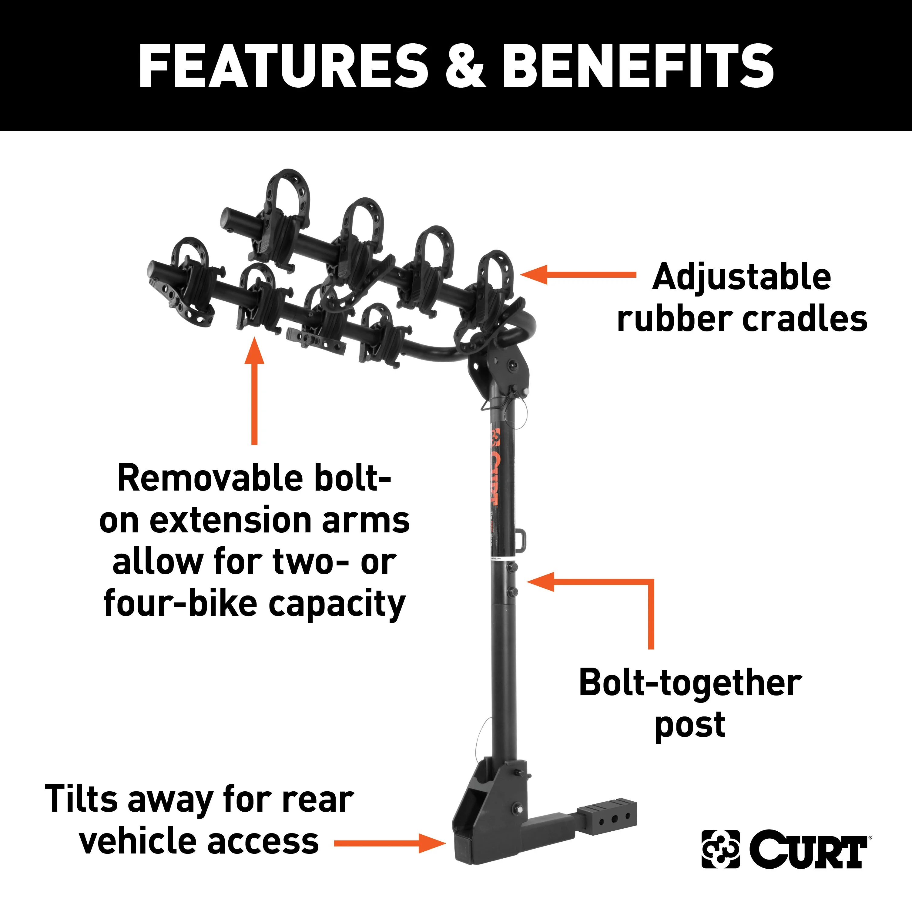 CURT 18030 Extendable Trailer Hitch Bike Rack Mount, Fits 1-1/4, 2-Inch Receiver, 2 or 4 Bicycles