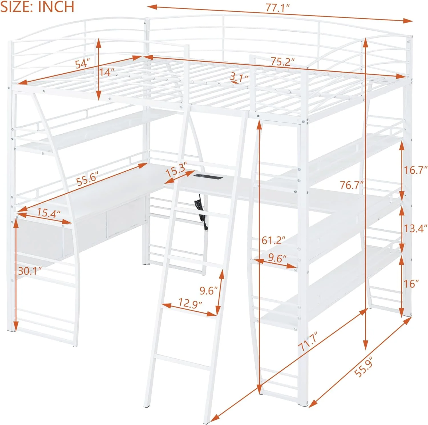 Full Size Loft Bed with 4 Layers of Shelves and L-Shaped Desk, Stylish Metal Frame Bed with a Set of Sockets, USB Ports and and Wireless Charging