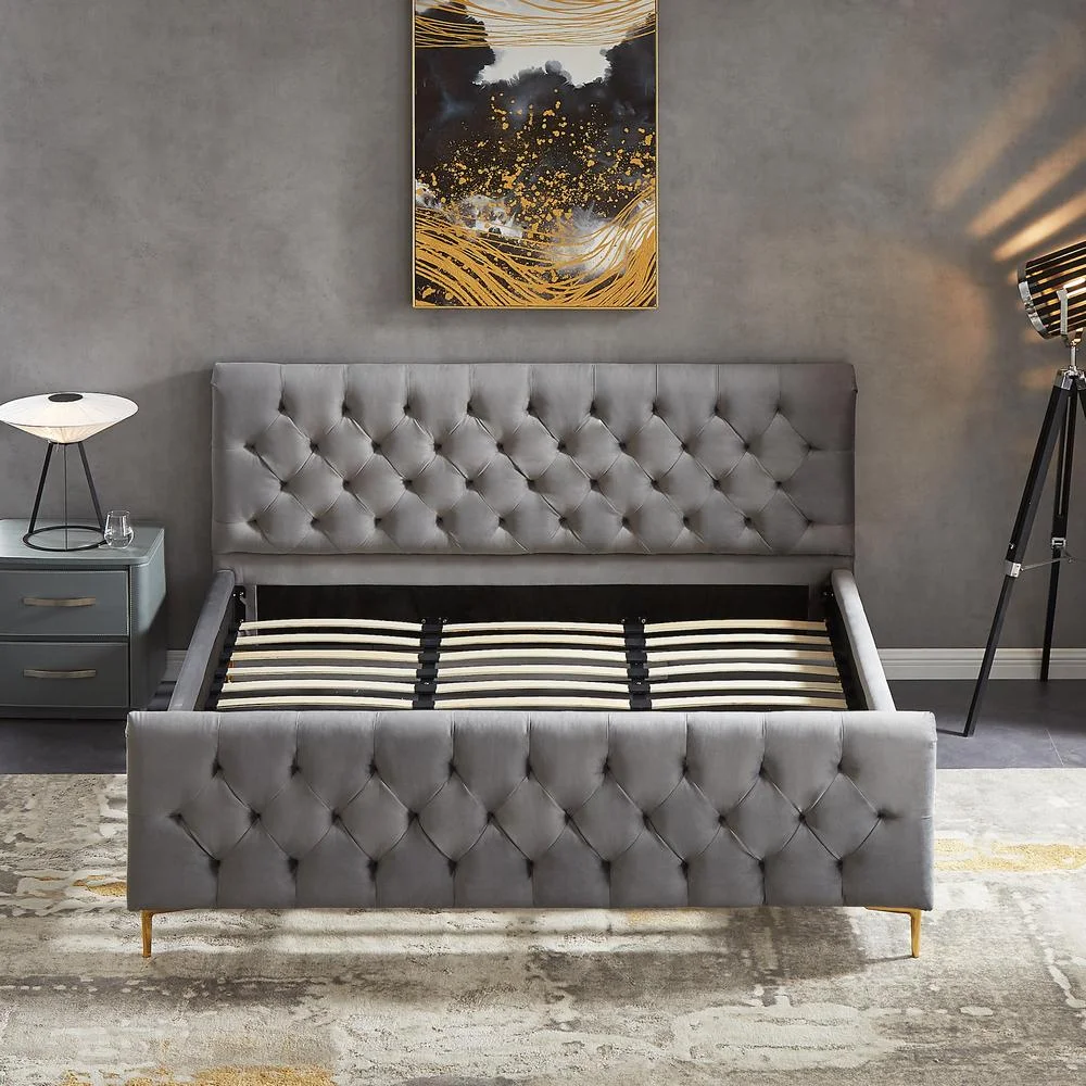 Bella Mid Century Modern Gray Velvet Upholstered King Platform Bed