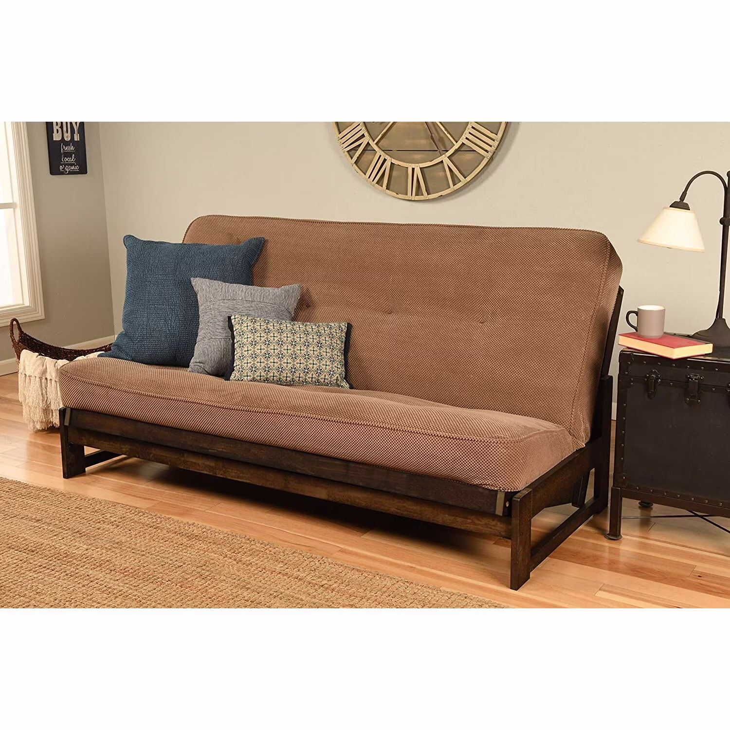 Homestock Modern Muse Futon Frame/Reclaim Mocha Finish/Marmont Mocha Mattress