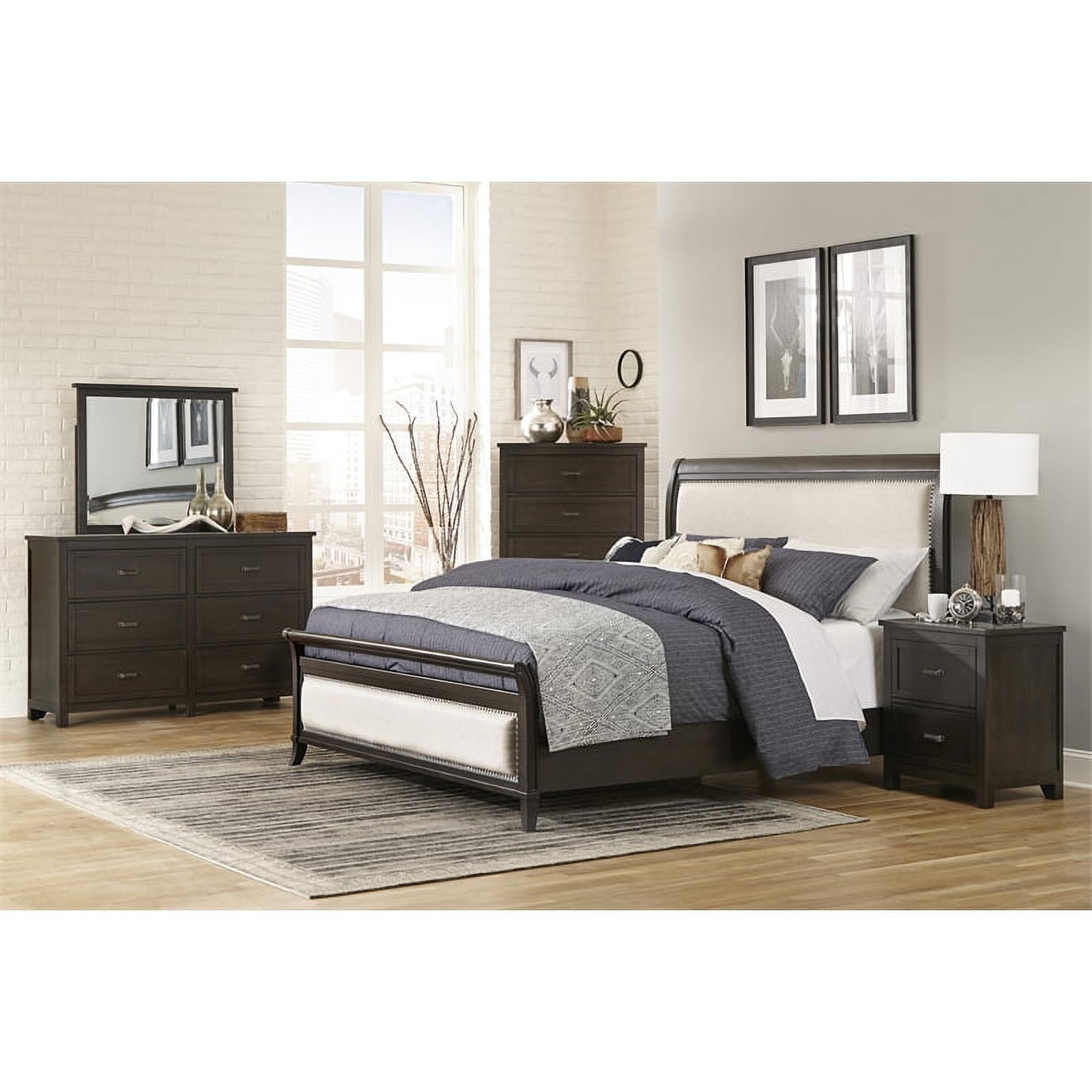 Lexicon Hebron CKing Bed with Upholstered Headboard in Dark Cherry/Beige