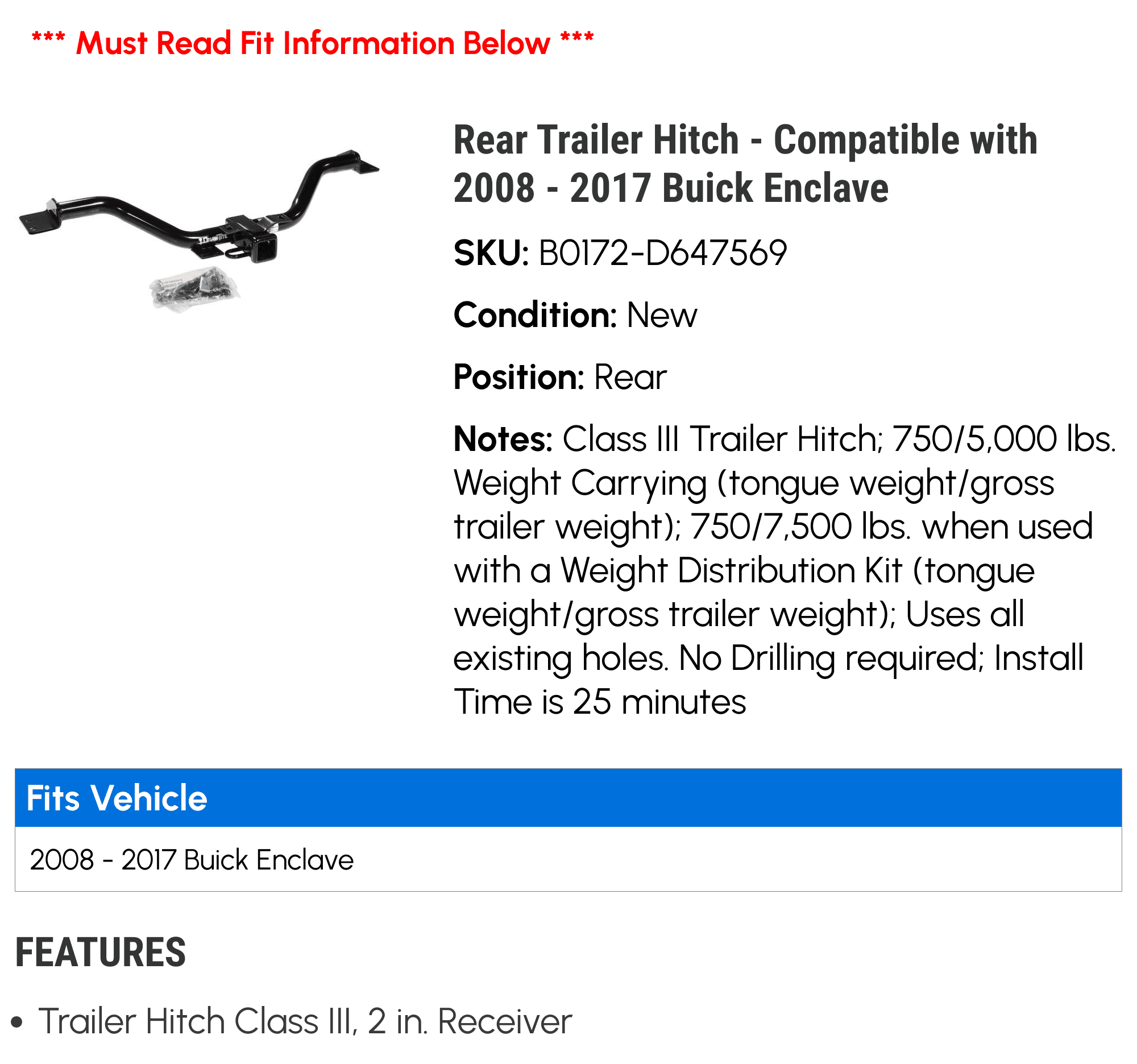 Rear Trailer Hitch - Compatible with 2008 - 2017 Buick Enclave 2009 2010 2011 2012 2013 2014 2015 2016