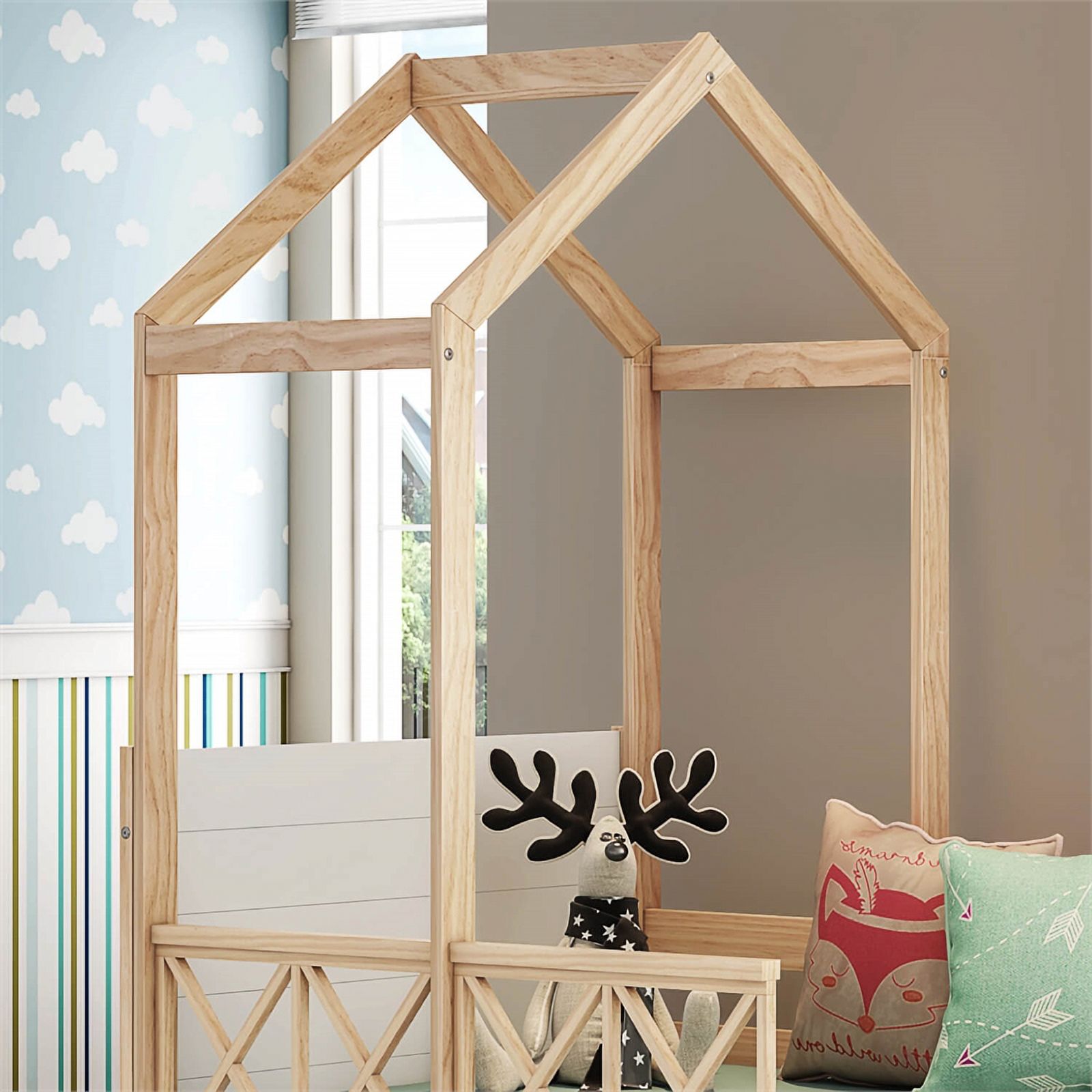 Pemberly Row Modern Solid Wood Twin Daybed with Roof and Guardrails in White/Oak