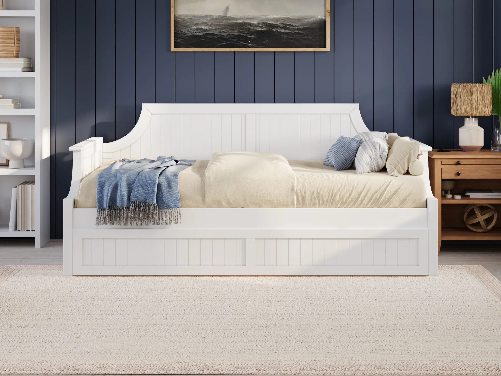 AFI Twin Daybed with Trundle Roll Out Sofa Bed in Solid Wood Cambridge Design, White
