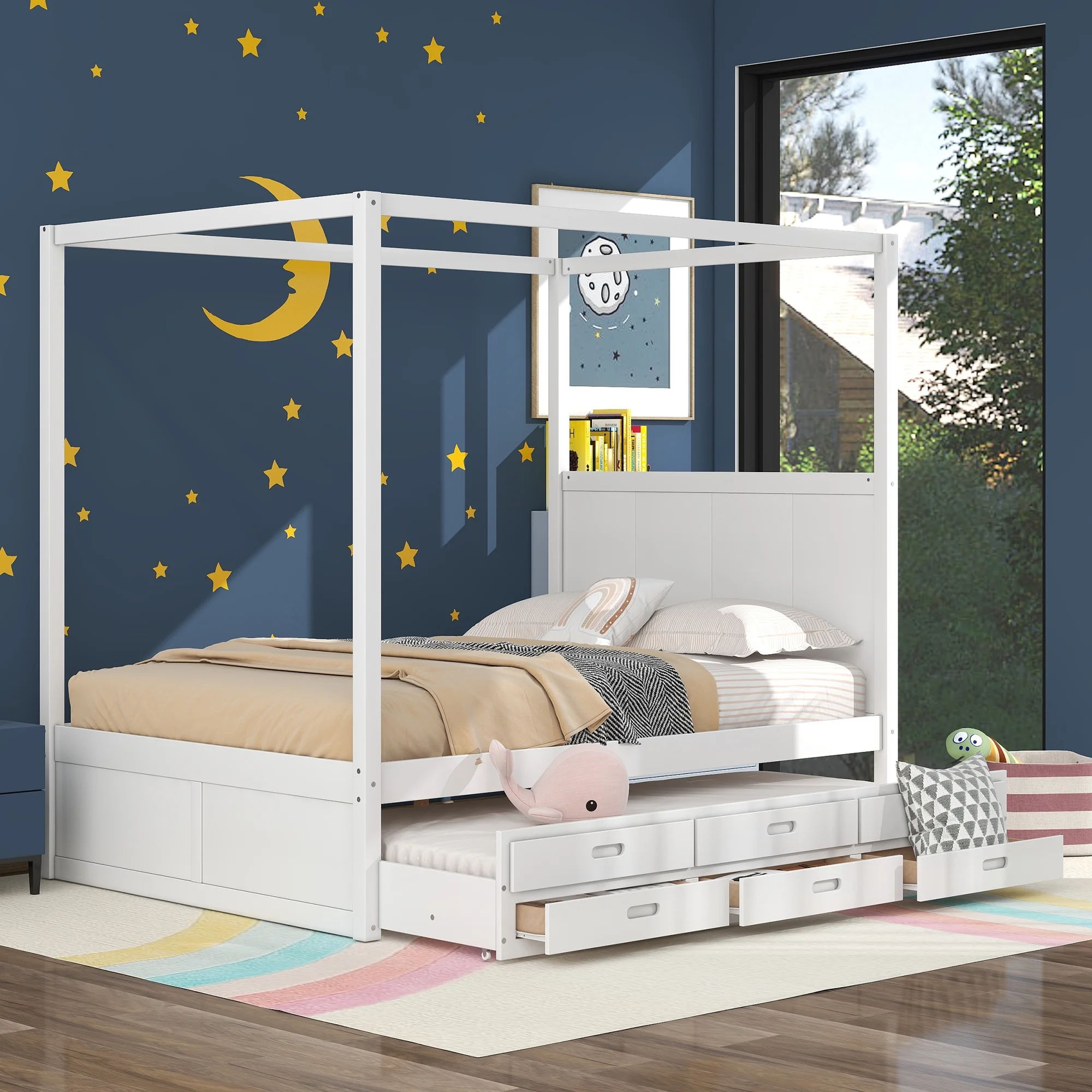 Canopy Bed Queen Size Platform Bed with Trundle Bed and 3 Storage Drawers, Wood Platform Bed Frame with Headboard and Wood Slat Support, Canopy Platform Bed No Box Spring Required, for Teens, White