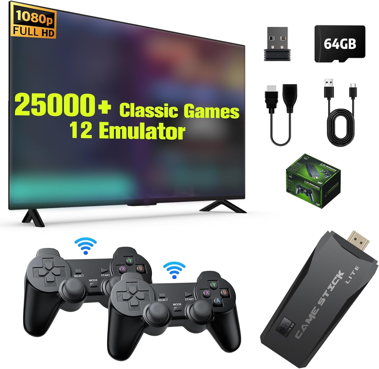 Retro Game Stick, Nostalgia Stick with Built-in 25000+ Games, 12 Emulators, 4K HD Output, 64G Wireless Retro Game Console, Plug and Play Video Game for TV, Dual 2.4G Wireless Controllers