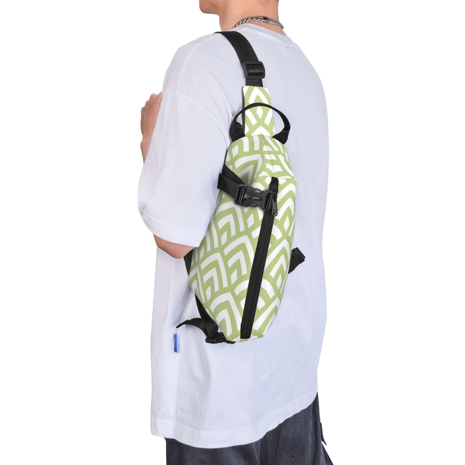 ZNDUO Small Sling Crossbody Backpack, Green Geometric Seamless Pattern Lightweight One Strap Sling Bag Backpack for Hiking Walking Biking Travel Cycling