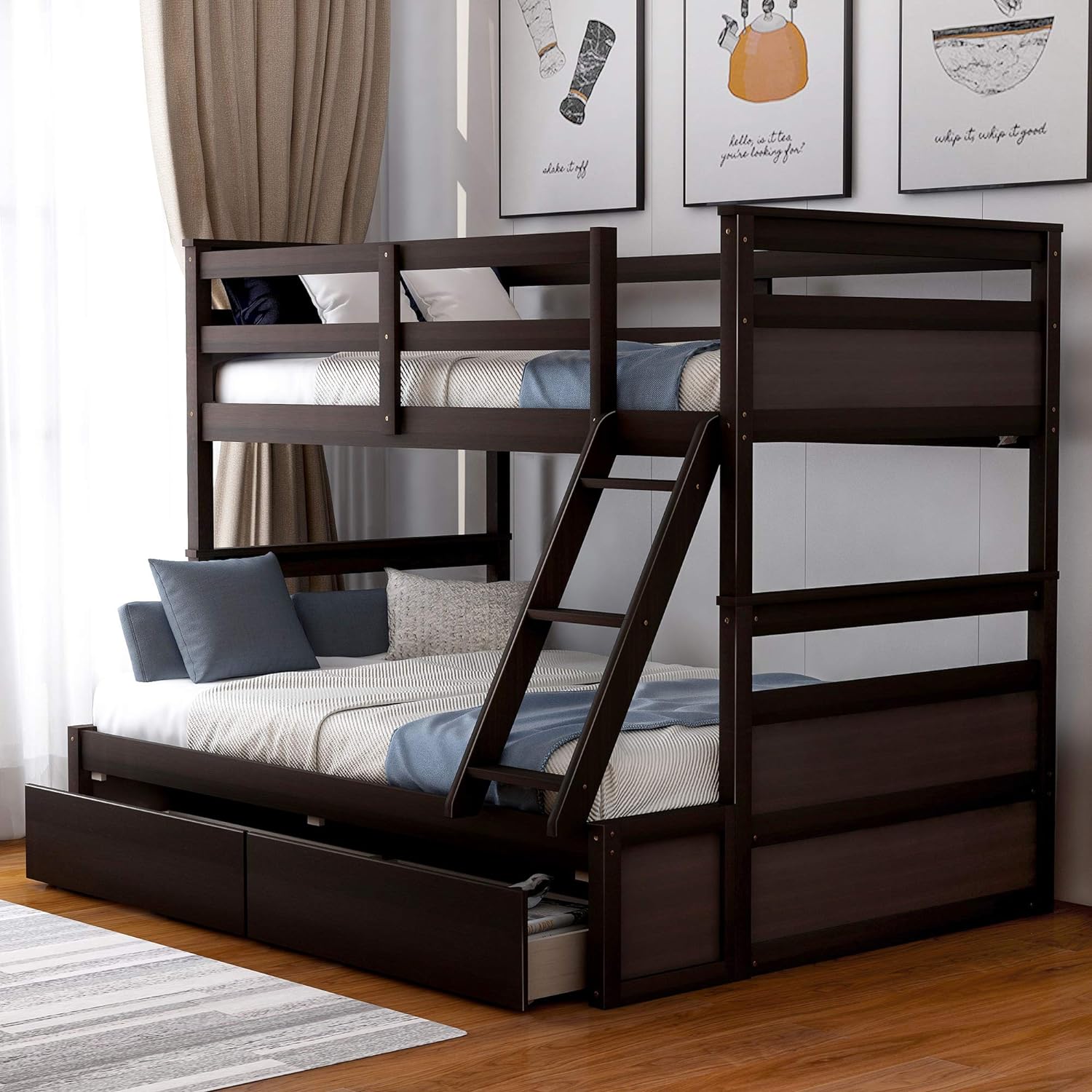 Over Full Bunk Bed With Storage, Wood Bunk Bed Frame With Two Drawer, Safety Guardrail, Ladder, Can Convertible To 2 Separated Beds For Kids, Teens, Adults ( Over Full, Espresso)