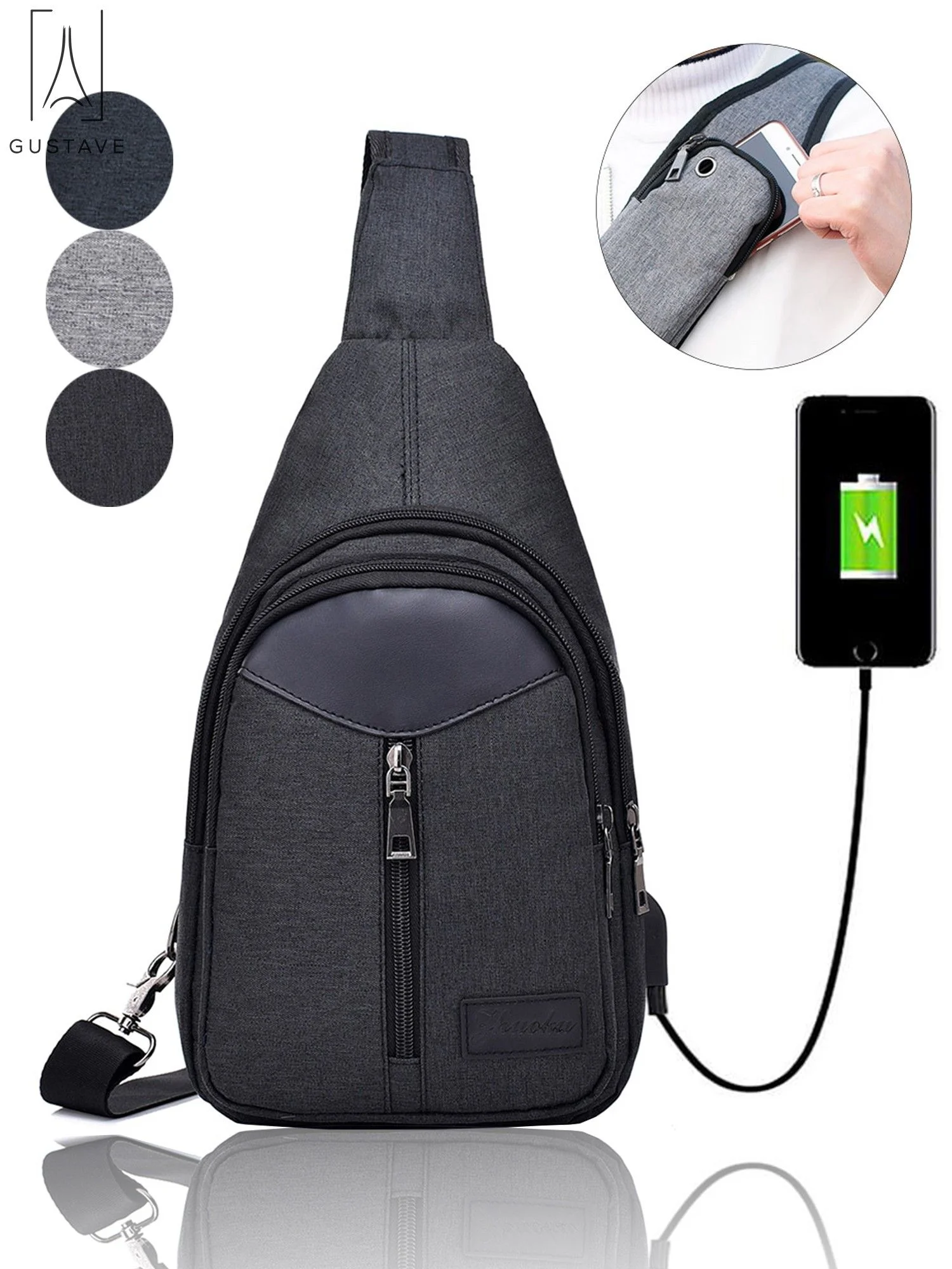 Gustave Men's Nylon Chest Sling Bag Cycle Backpack Shoulder Crossbody with USB Charge Port Travel Daypack Casual Rucksack 