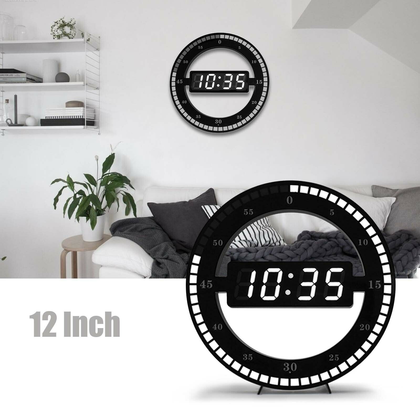CNCEST Digital 12'' Wall Mount Clock Modern LED Round Alarm Clock Snooze 12/24 Hour Display (Black)