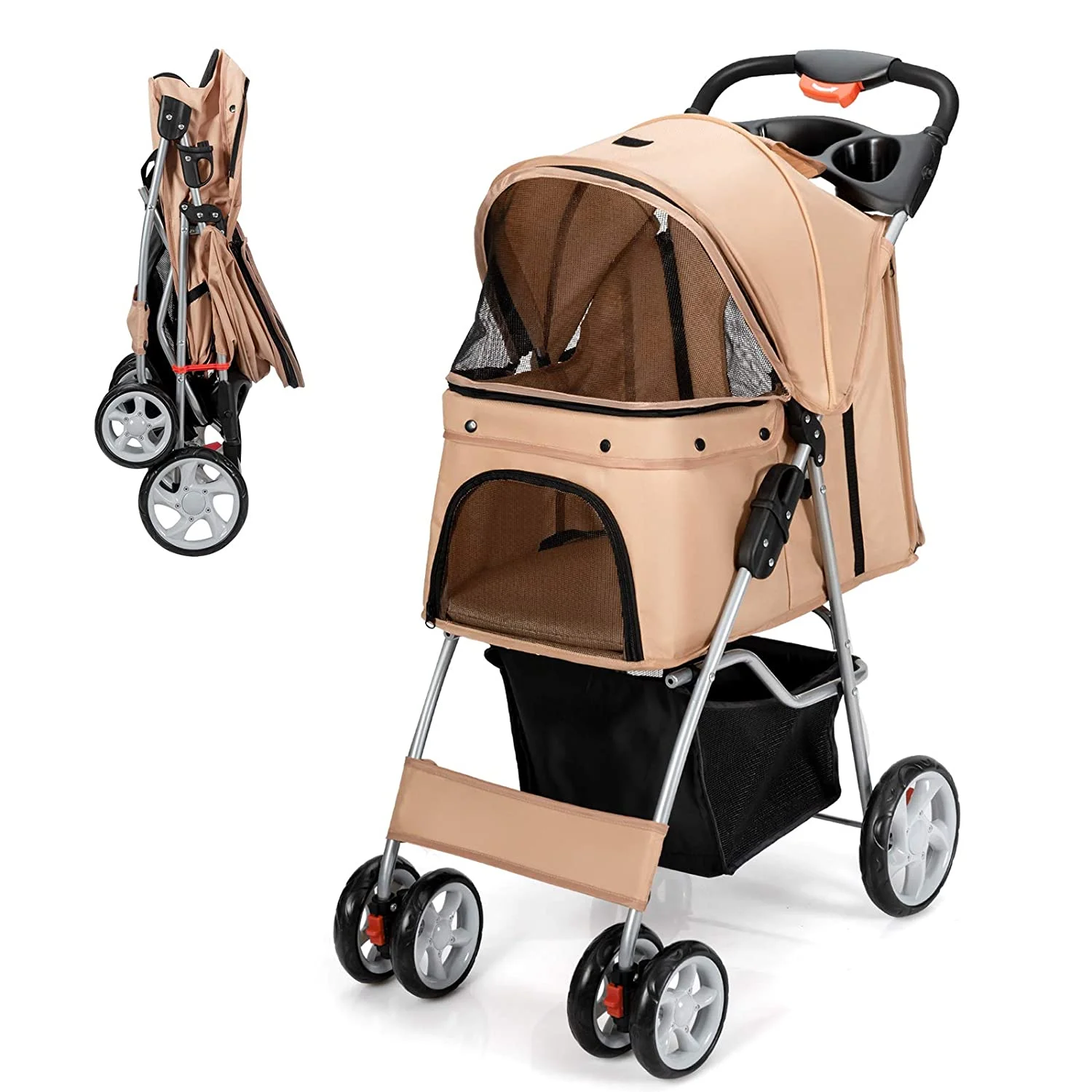 Folding Dog Stroller, Pet Stroller for Small Medium Dogs Cats Puppy, 4 Lockable Wheels Cat Stroller Travel Carrier Strolling Cart with Safety Belt, Removable Liner and Storage Basket (Beige)