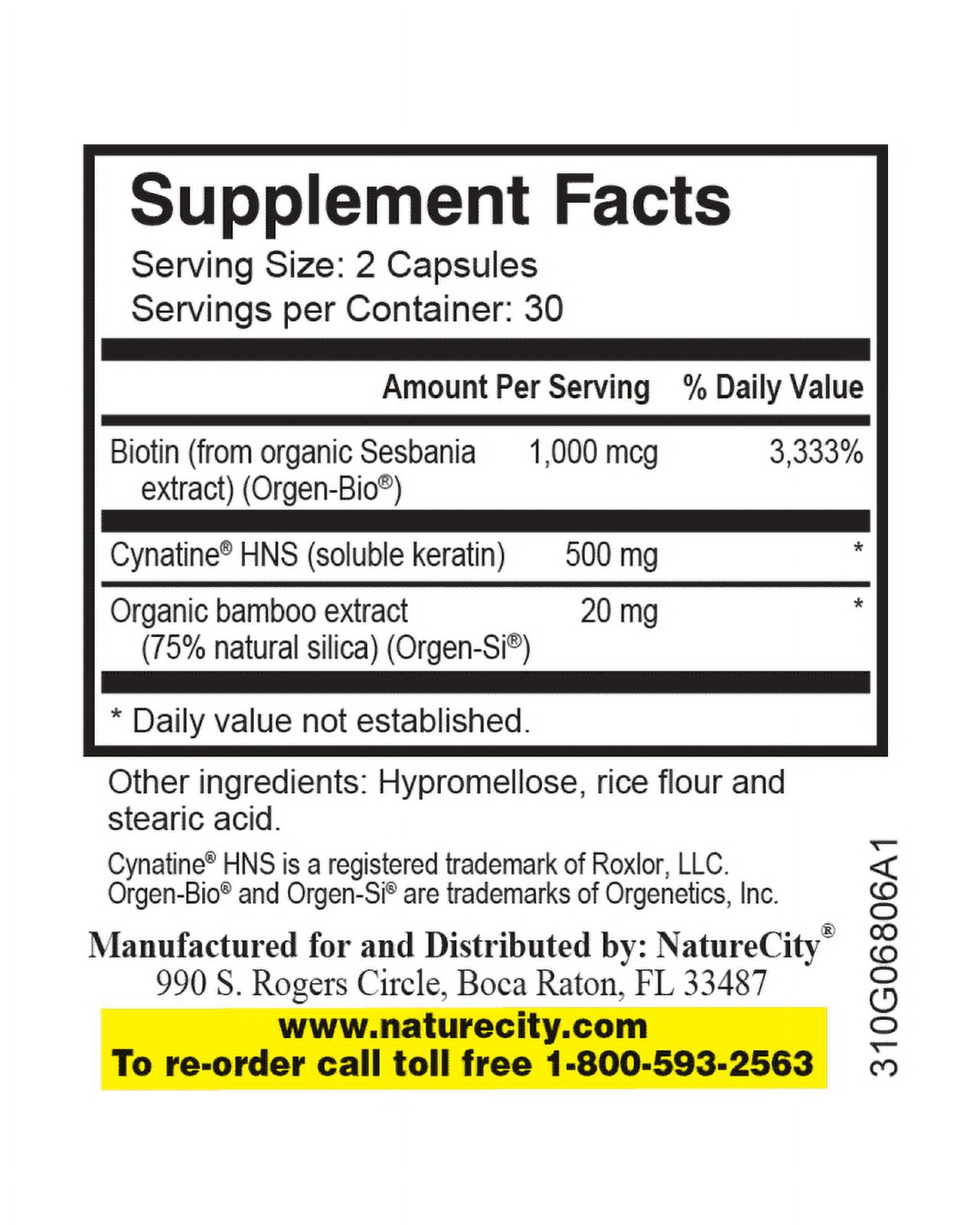 TrueHNS - Hair, Nails & Skin Supplement Featuring 500mg of Cynatine HNS Keratin, 1,000mcg of Biotin, and 20mg of Bamboo Extract by NatureCity (30 Capsules)