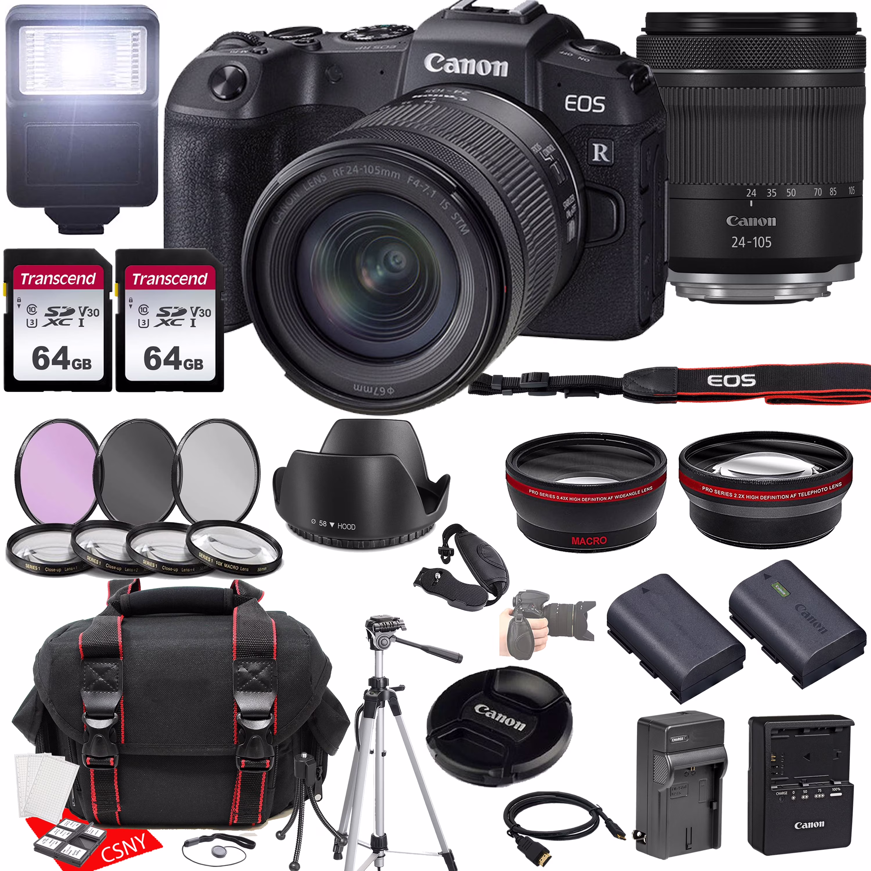Canon EOS RP Mirrorless Camera w/RF 24-105mm f/4-7.1 IS STM Lens + 2X 64GB Memory + Hood + Case + Filters + Tripod + More (35pc Bundle)