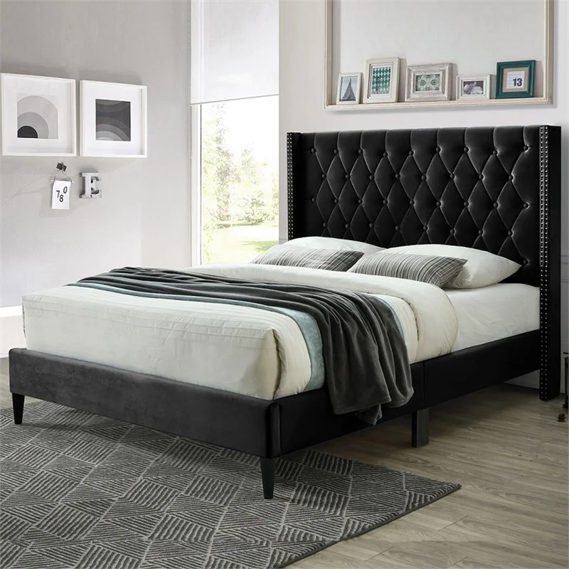 Home Square 2-Piece Set with Tufted Queen Bed & Dresser with Lock in Black