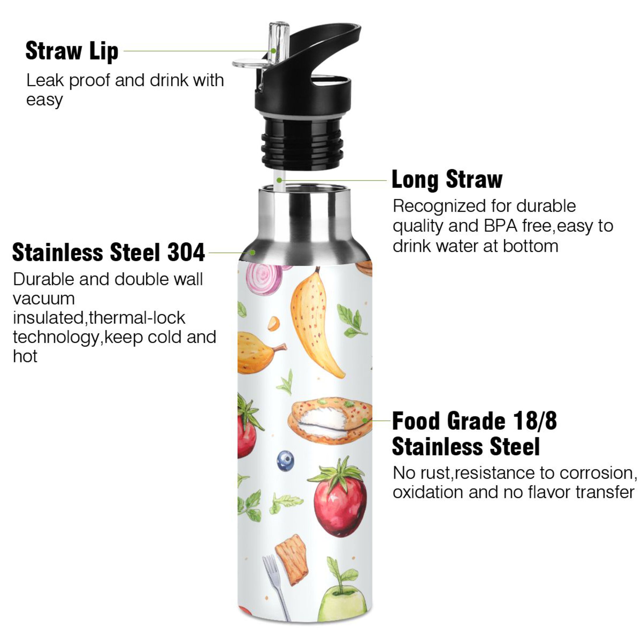 Fruit and Hamburgers Water Bottles Insulated Thermos Kids Stainless Steel Bottle with Straw Lid Flask Leakproof for Sports Gym 20 oz