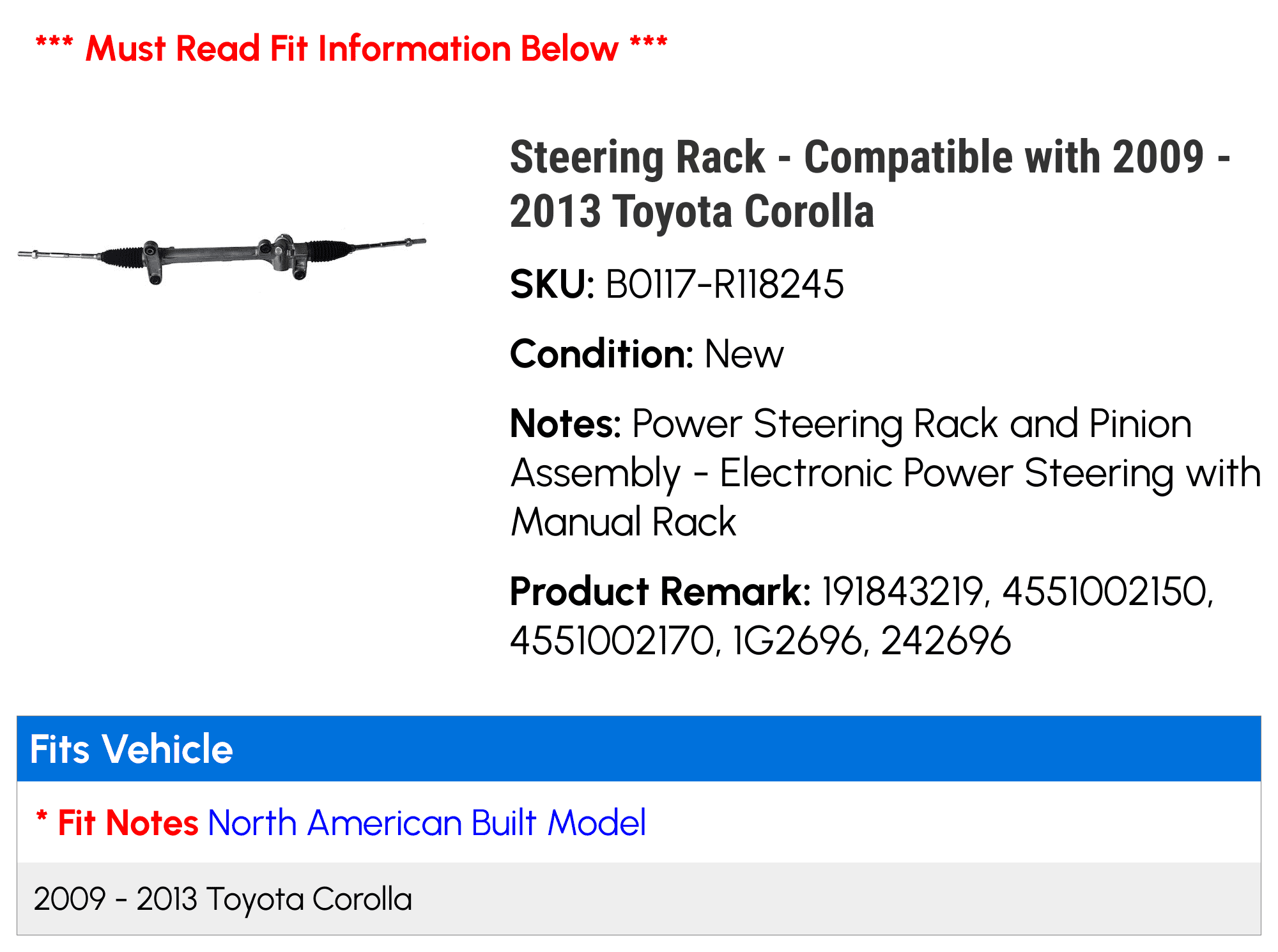 Steering Rack - Compatible with 2009 - 2013 Toyota Corolla 2010 2011 2012