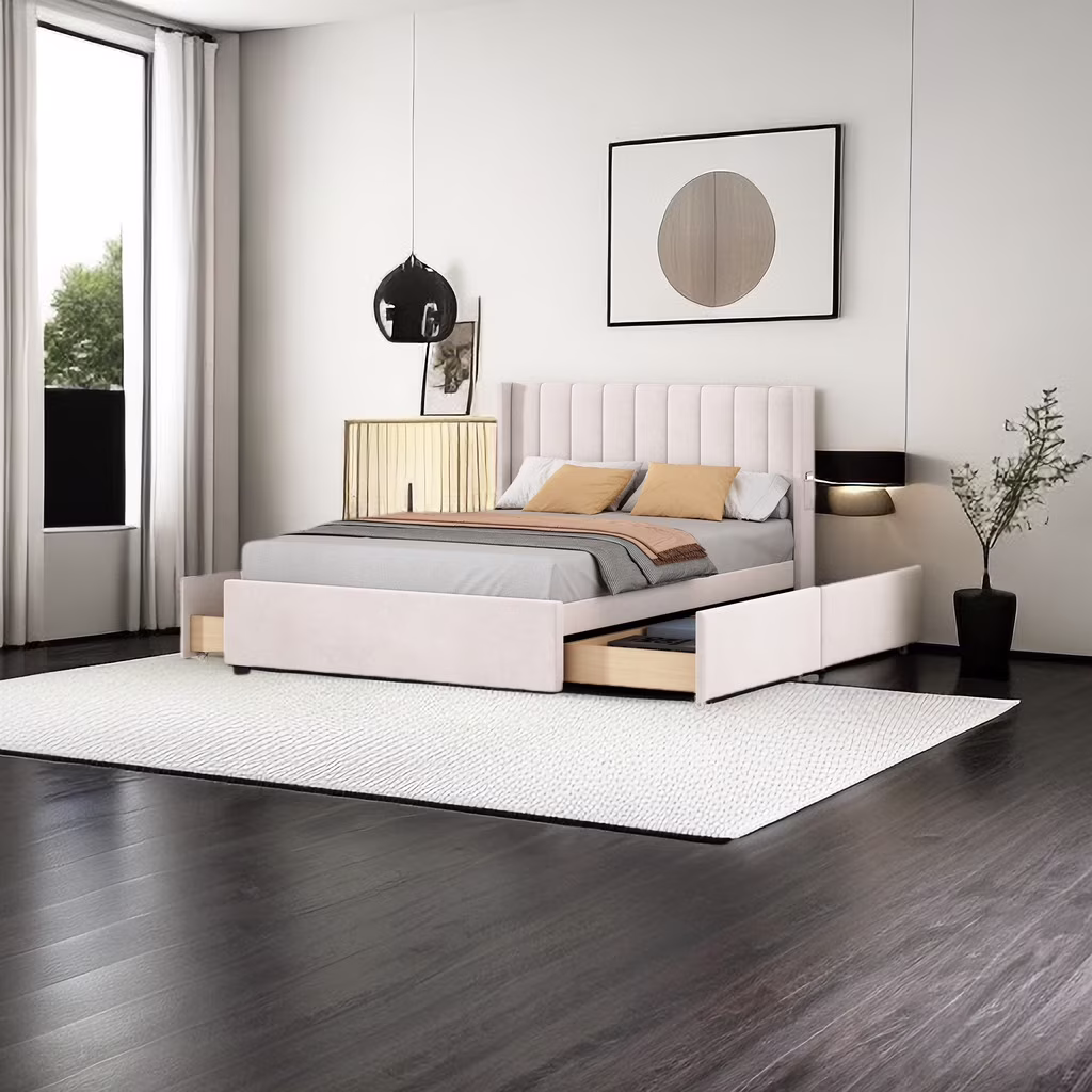 Full Size Velvet Upholstered Platform Bed with 4 Storage Drawers, Headboard & Side Pockets