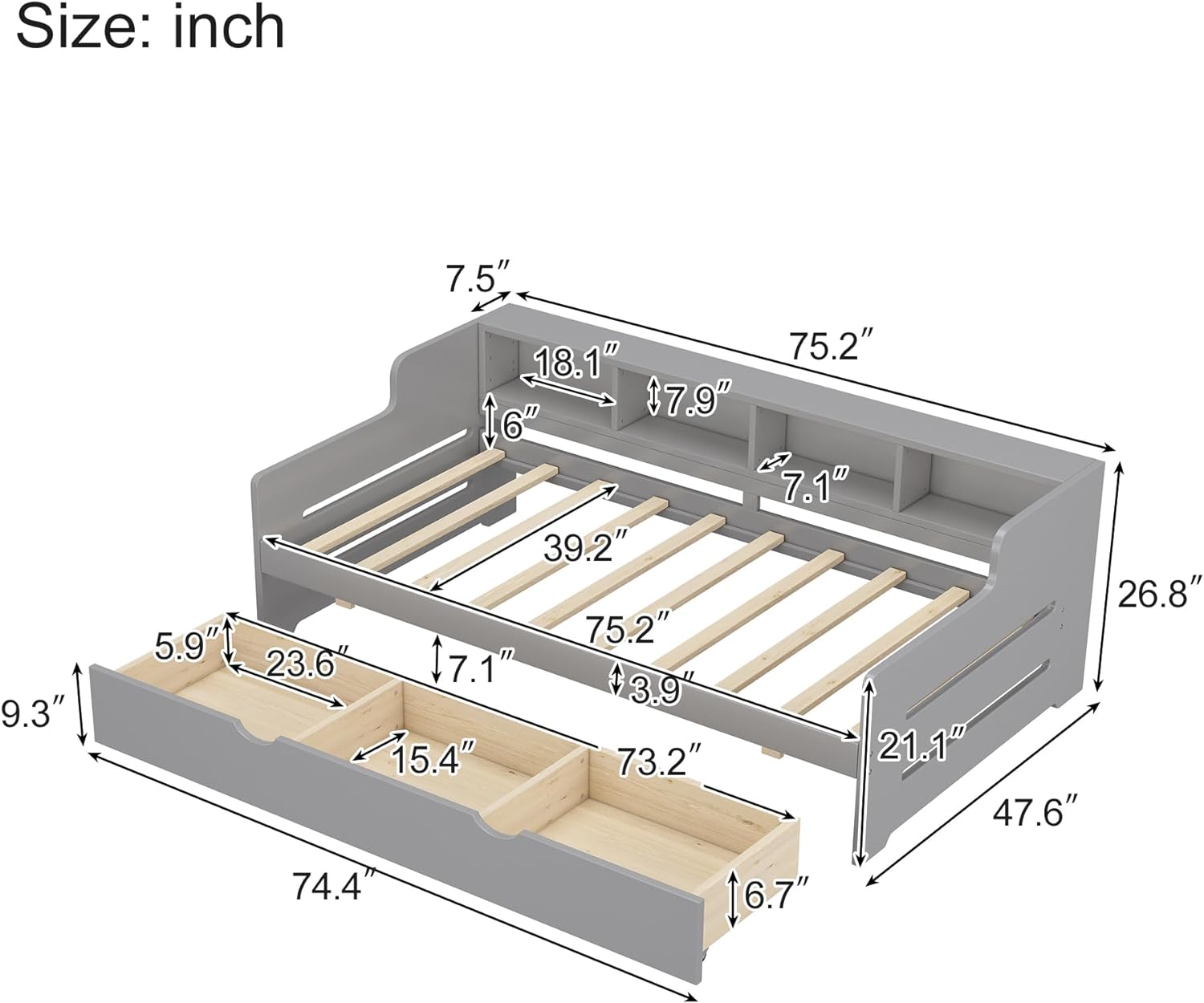Size Daybed Frame With Bookcase Ad Drawers, Wood Daybed With Storage For Kids Tees Guests, Daybed Frame For Boys Girls, Grey