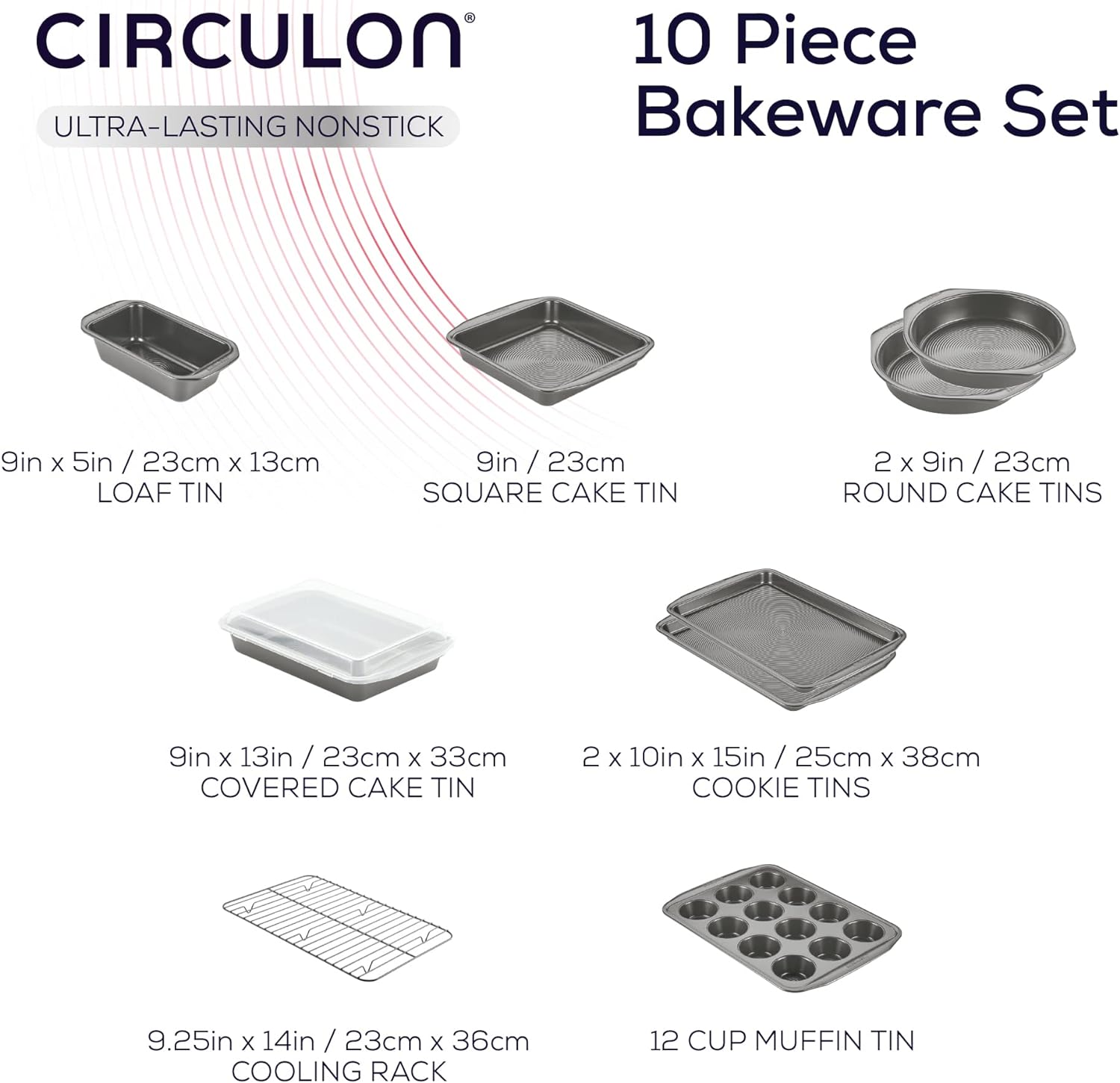 OUWI Momentum Non Stick Bakeware Set - 10 Piece Baking Set with Baking Trays, Cake Tins, Muffin Tray and Cooling Rack, Carbon Steel, Dishwasher Safe