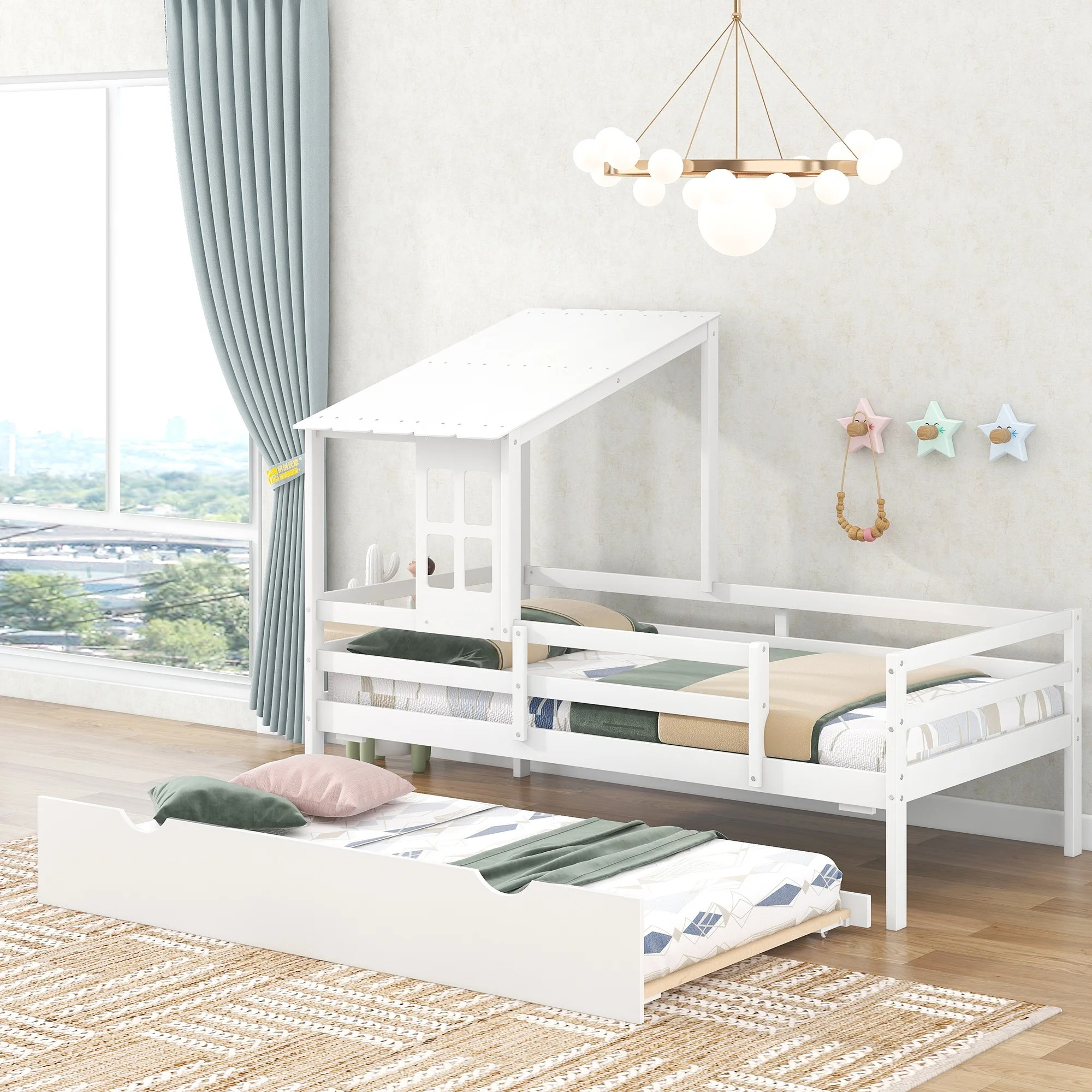House Bed with Trundle, Window and Roof, Twin Size Wood Bed Daybed Twin Size House Low Loft Bed with Trundle Can be Decorated for Girls, Boys(White)