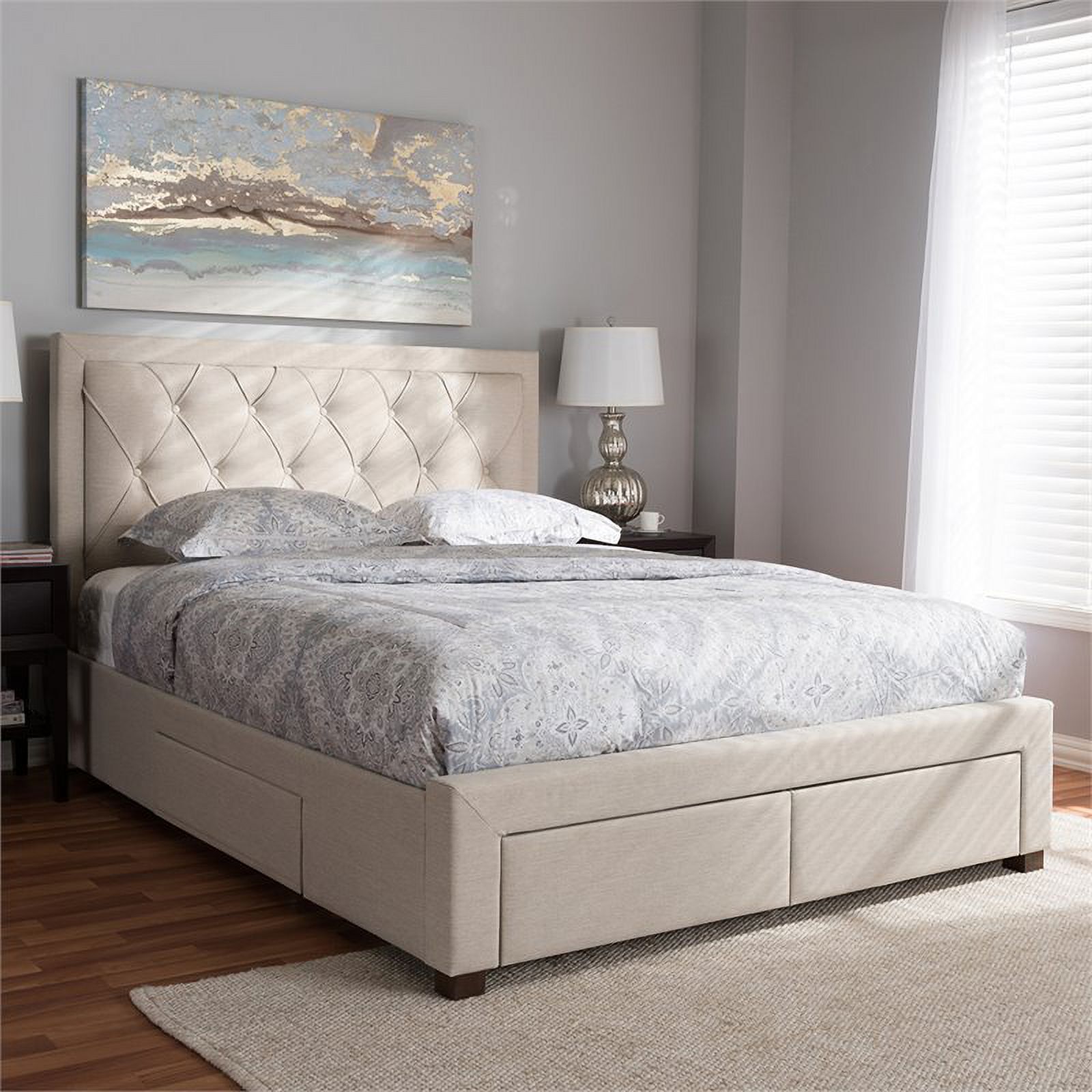 Bowery Hill Tufted King Storage Platform Bed in Light Beige