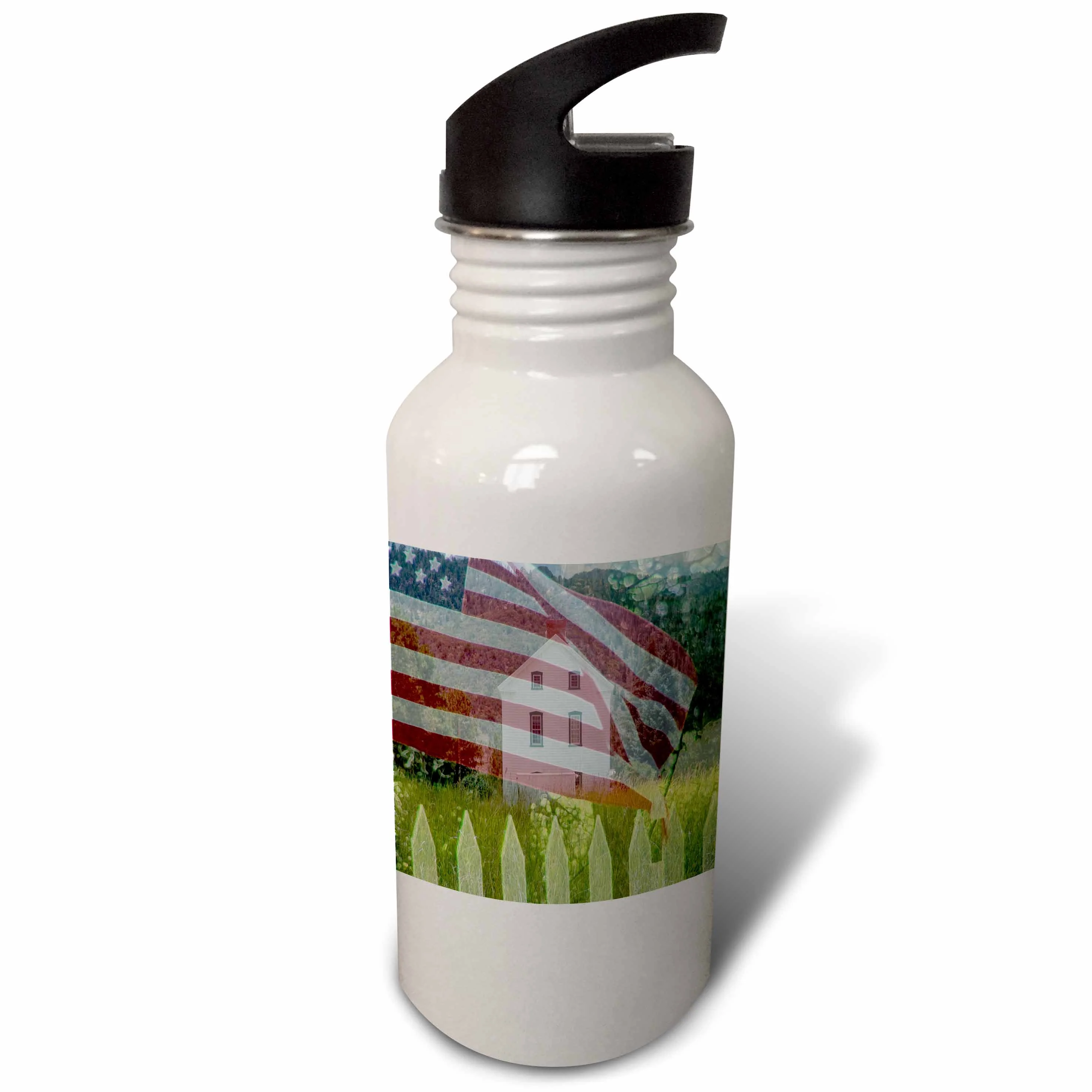 Old Historical LDS Church in Pine Valley, Utah with a faded American Flag and Picket Fence 21 oz Sports Water Bottle wb-44039-1