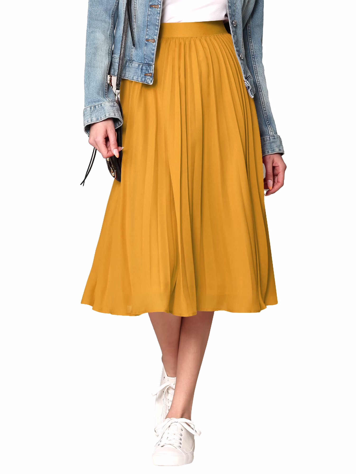 Made by Johnny Women's High Elastic Waist Pleated Mid A-Line Swing Skirt M MUSTARD